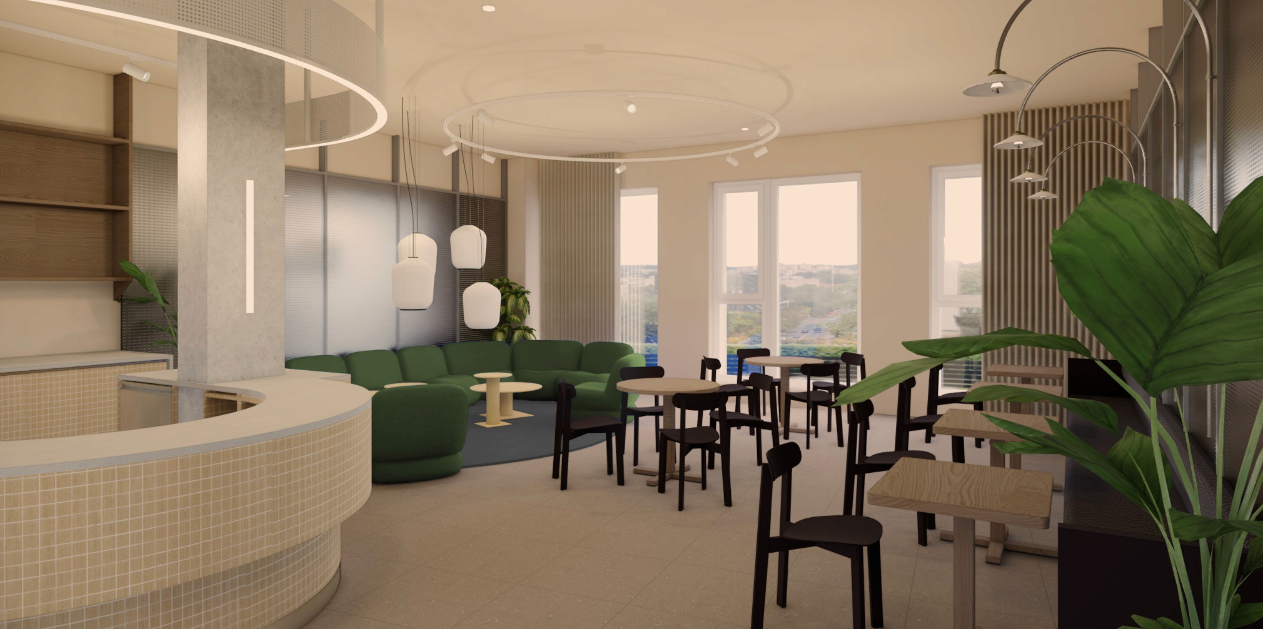 Moderne Arbeitswelt mit offenen Büroflächen, flexiblen Nutzungskonzepten und integrierten Kommunikationszonen