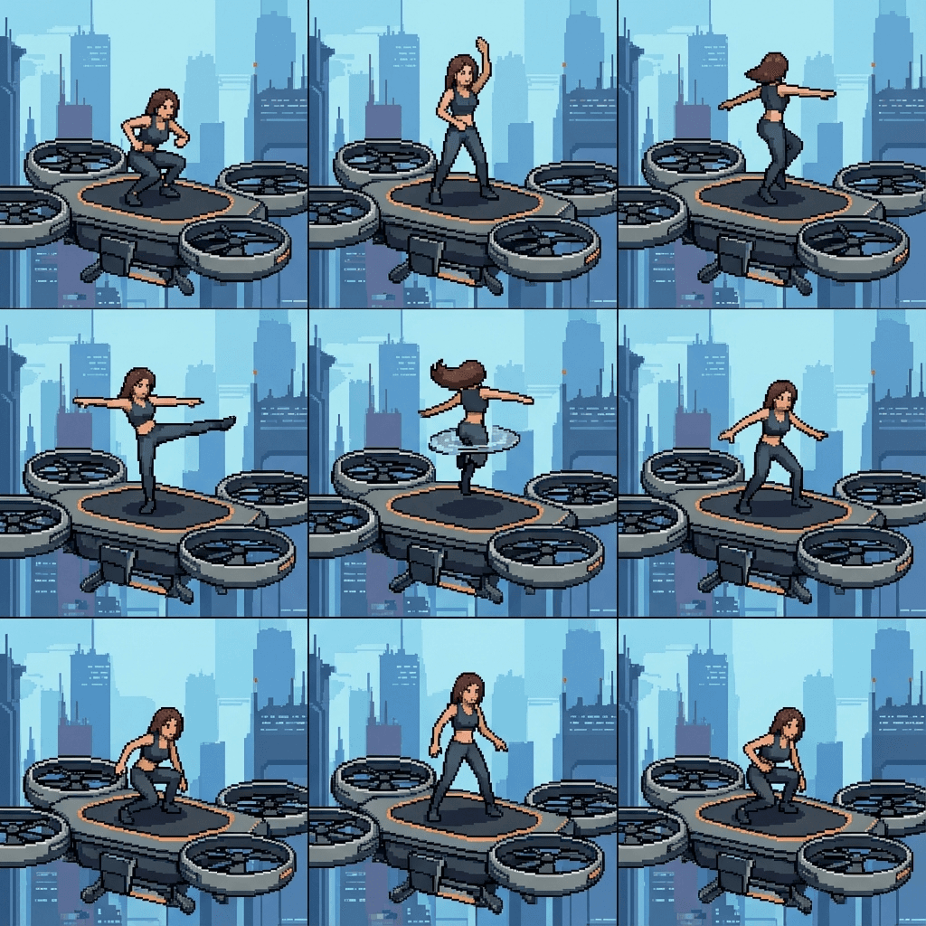 "Sprite sheet of a woman doing a backflip on a drone, 3x3 grid, sequence, frame by frame animation, square aspect ratio. Follow the structure of the attached reference image exactly.."