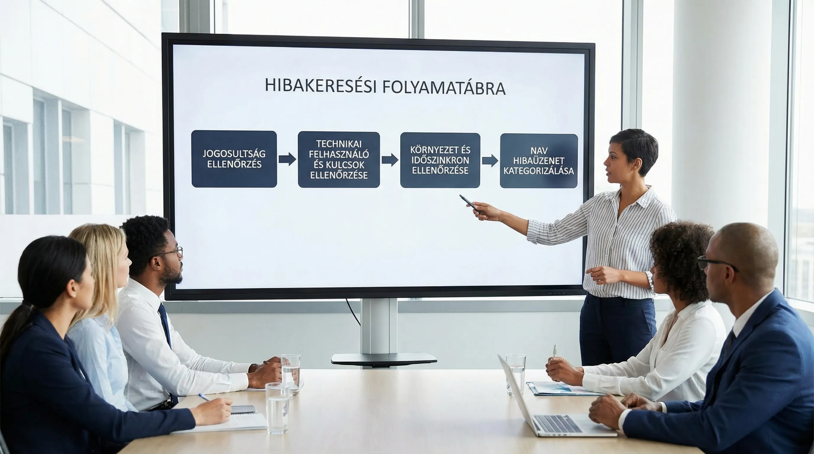 Egy sematikus hibakeresési folyamatábra 4 lépéssel: jogosultság ellenőrzés, technikai felhasználó és kulcsok ellenőrzése, környezet és időszinkron ellenőrzése, majd NAV hibaüzenet kategorizálása.