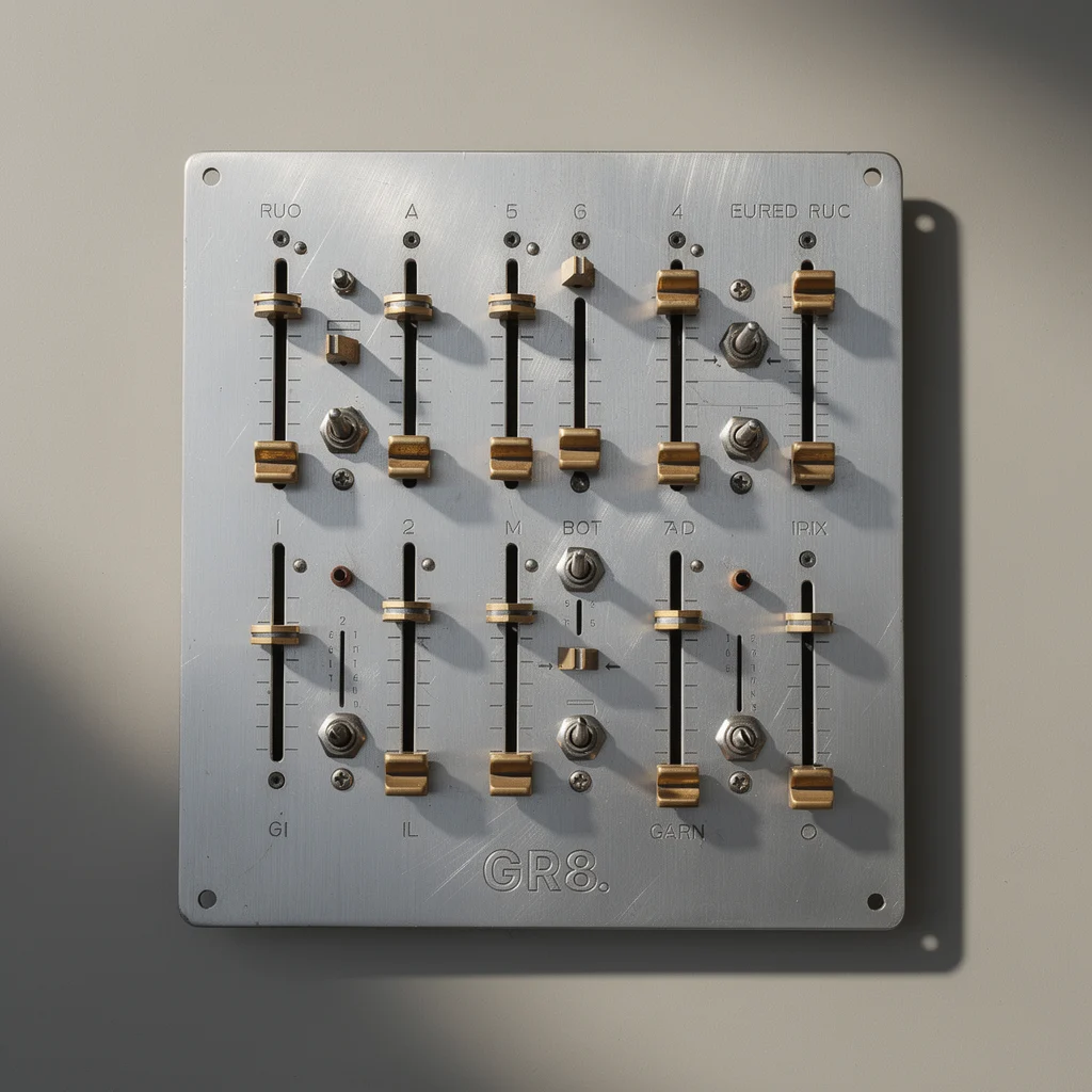 Abstract AI photography of vintage audio amplifier and mixing console, analog knobs, cinematic lighting, high-end product photography