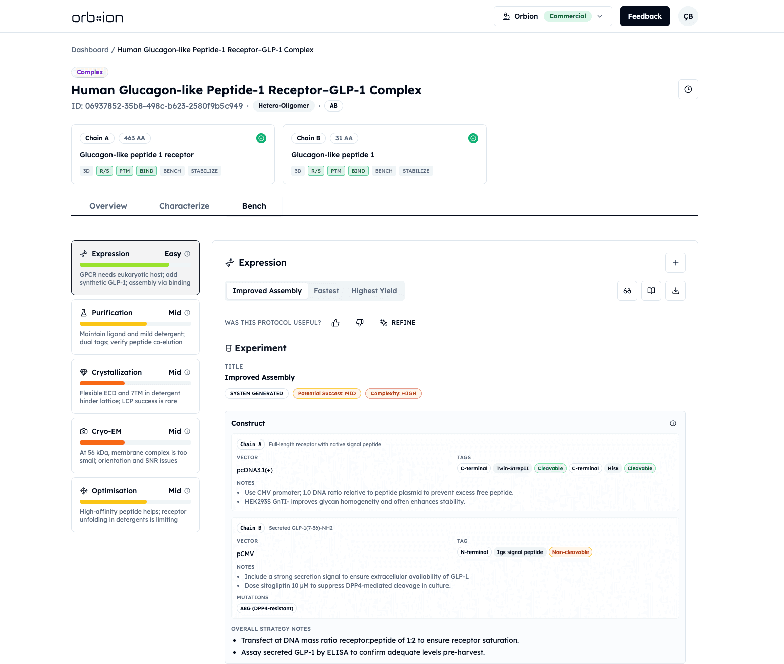 Orbion Platform Bench Expression Protocol Screenshot for GLC-1R-GLP-1 Complex