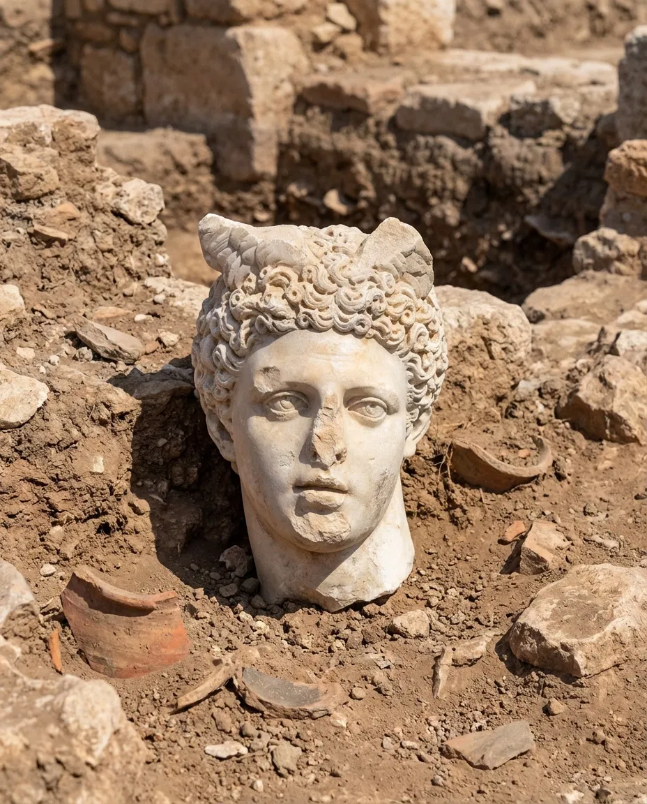 Ancient marble head of Hermes uncovered at the archaeological site of Laodicea in Turkey.