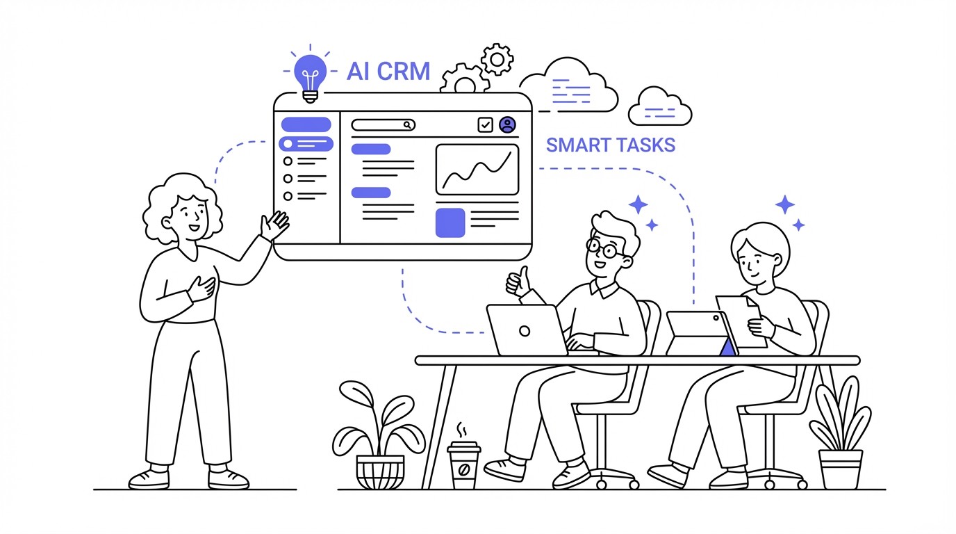 An illustration of a diverse startup team in a modern, minimalist office, looking organized and empowered. One person points to a large screen displaying an AI-powered CRM dashboard with clear data. Other team members are collaborating and working efficiently, surrounded by subtle tech interface elements, conveying a sense of clarity, productivity, and success.