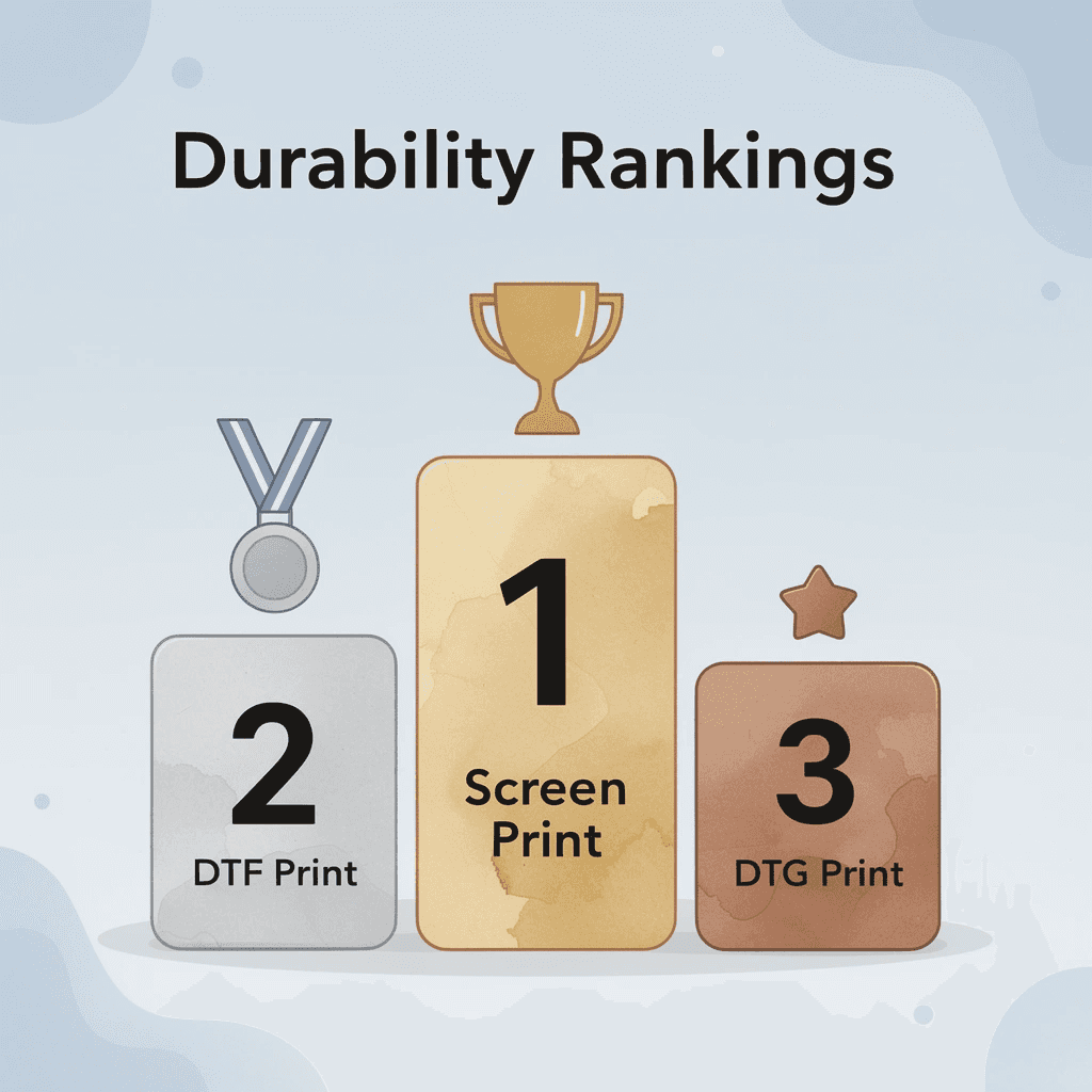 Podium ranking showing t-shirt printing methods by durability