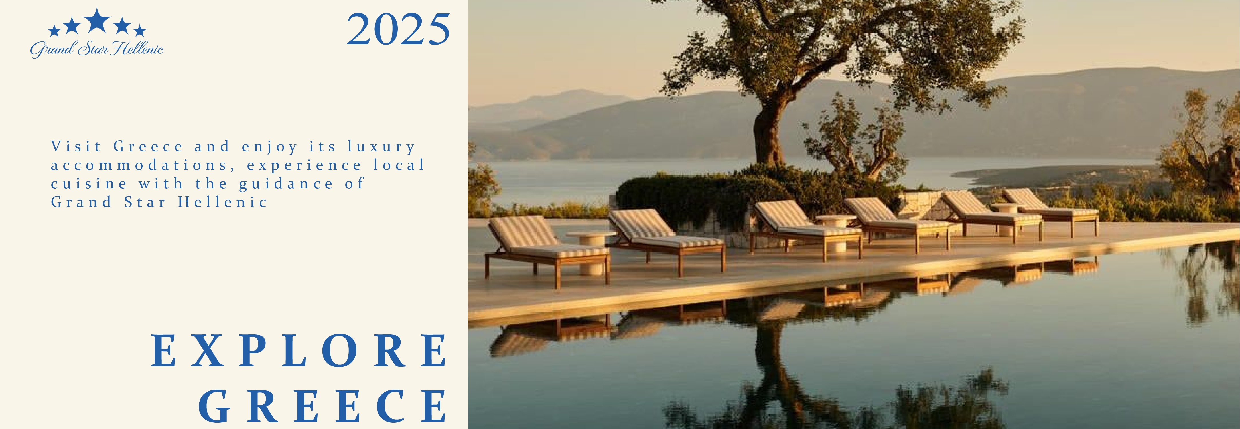 Poster with text about greek travel agency and a big luxury pool with trees.