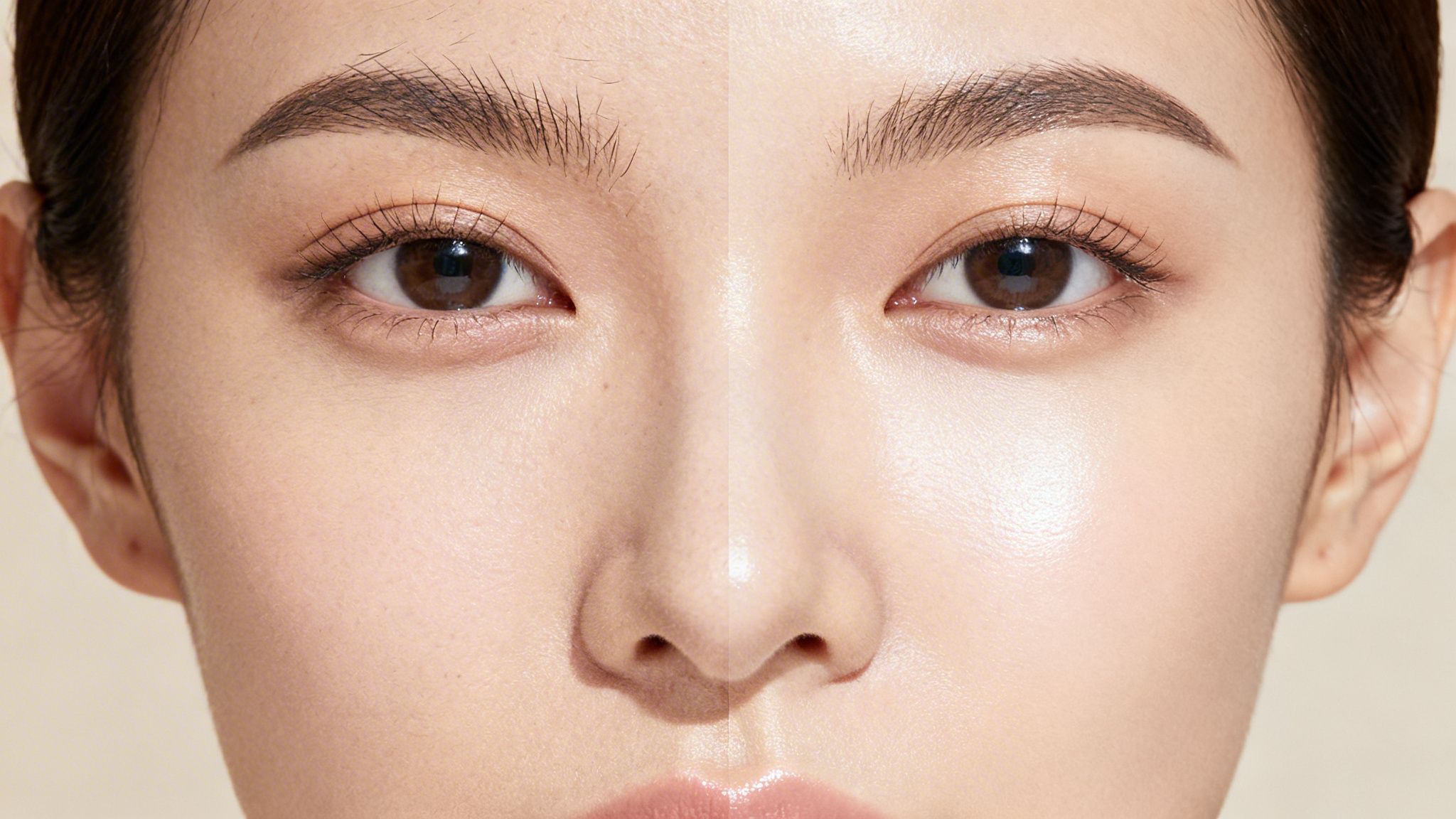 Close-up of a young person's face, showcasing smooth, clear skin, bright eyes, and defined eyebrows.