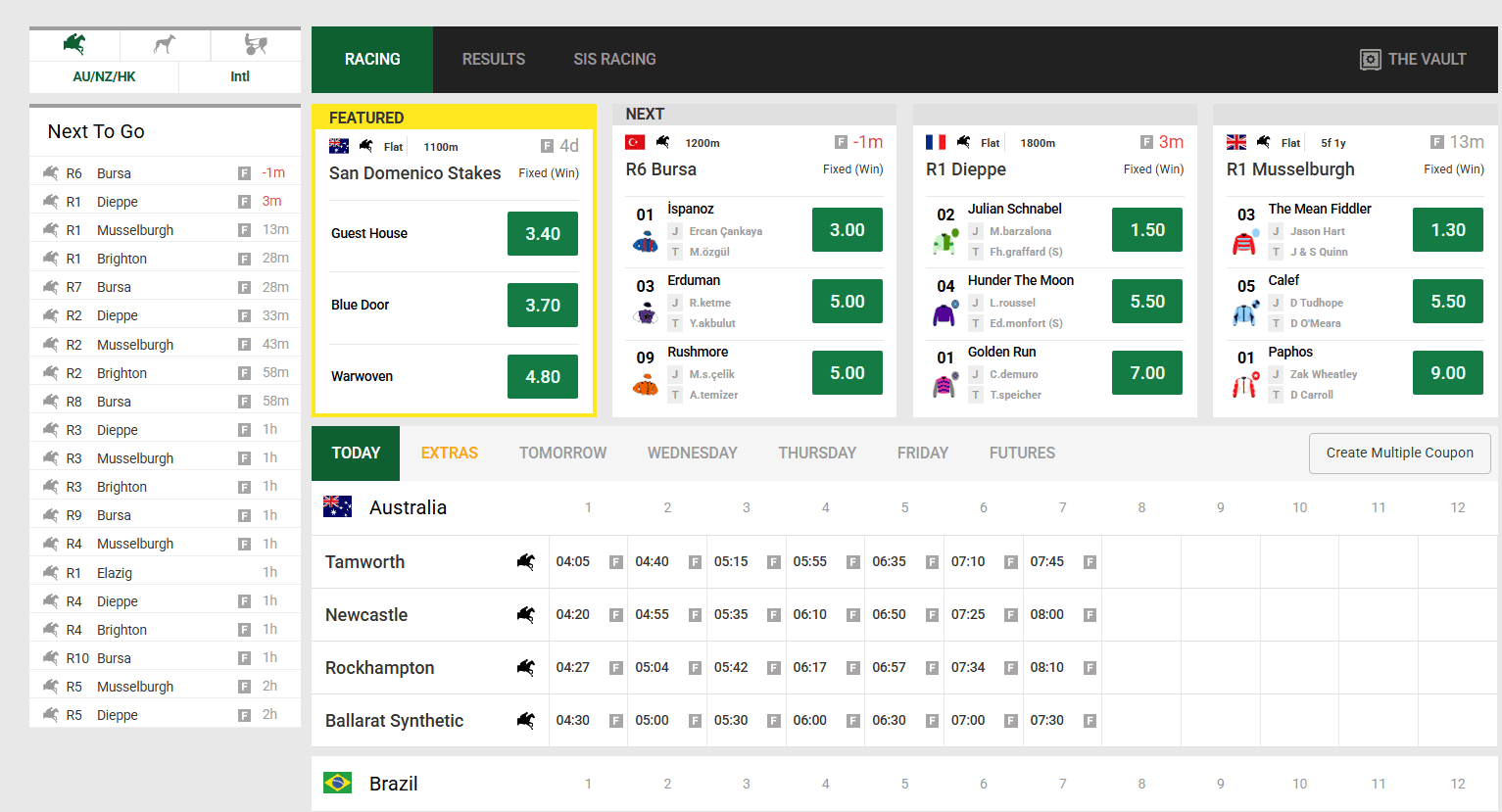 Racing betting screen