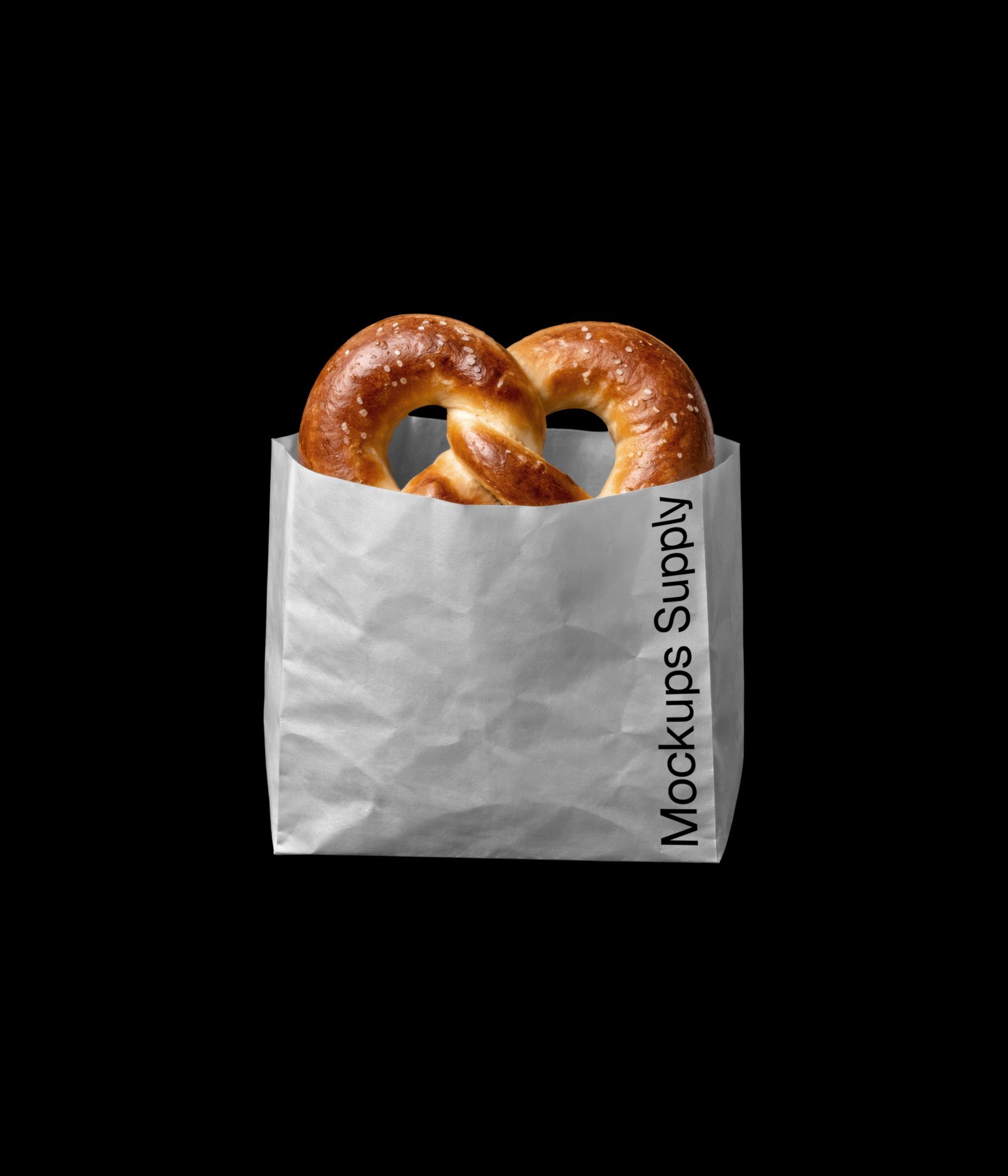 Pretzel in white paper bag mockup on black background for photoshop download psd