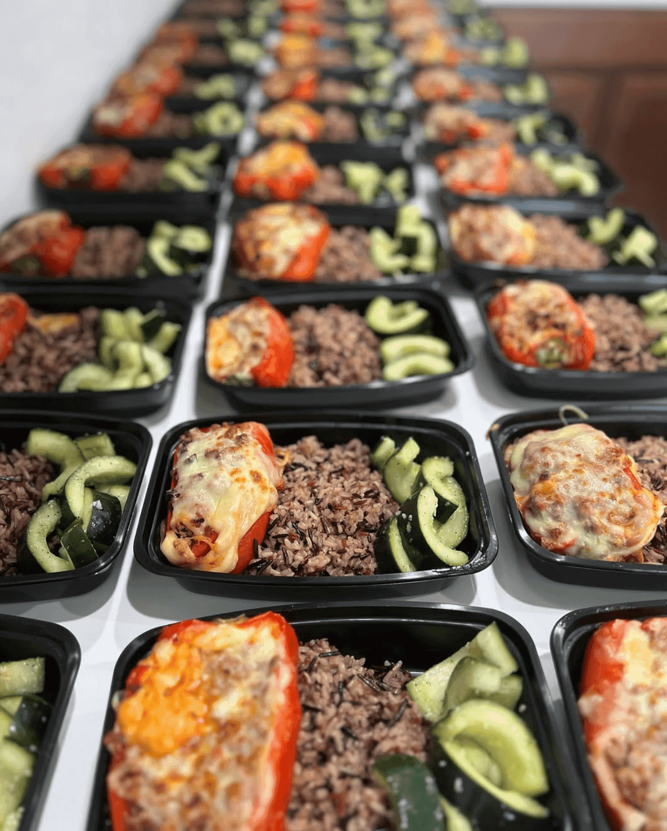 Pimiento relleno gratinado con carne molida, acompañado de arroz integral y ensalada de pepino.