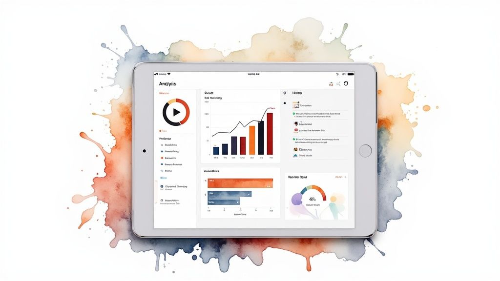 A sales professional uses AI demo analytics on a tablet to prepare for a client follow-up.