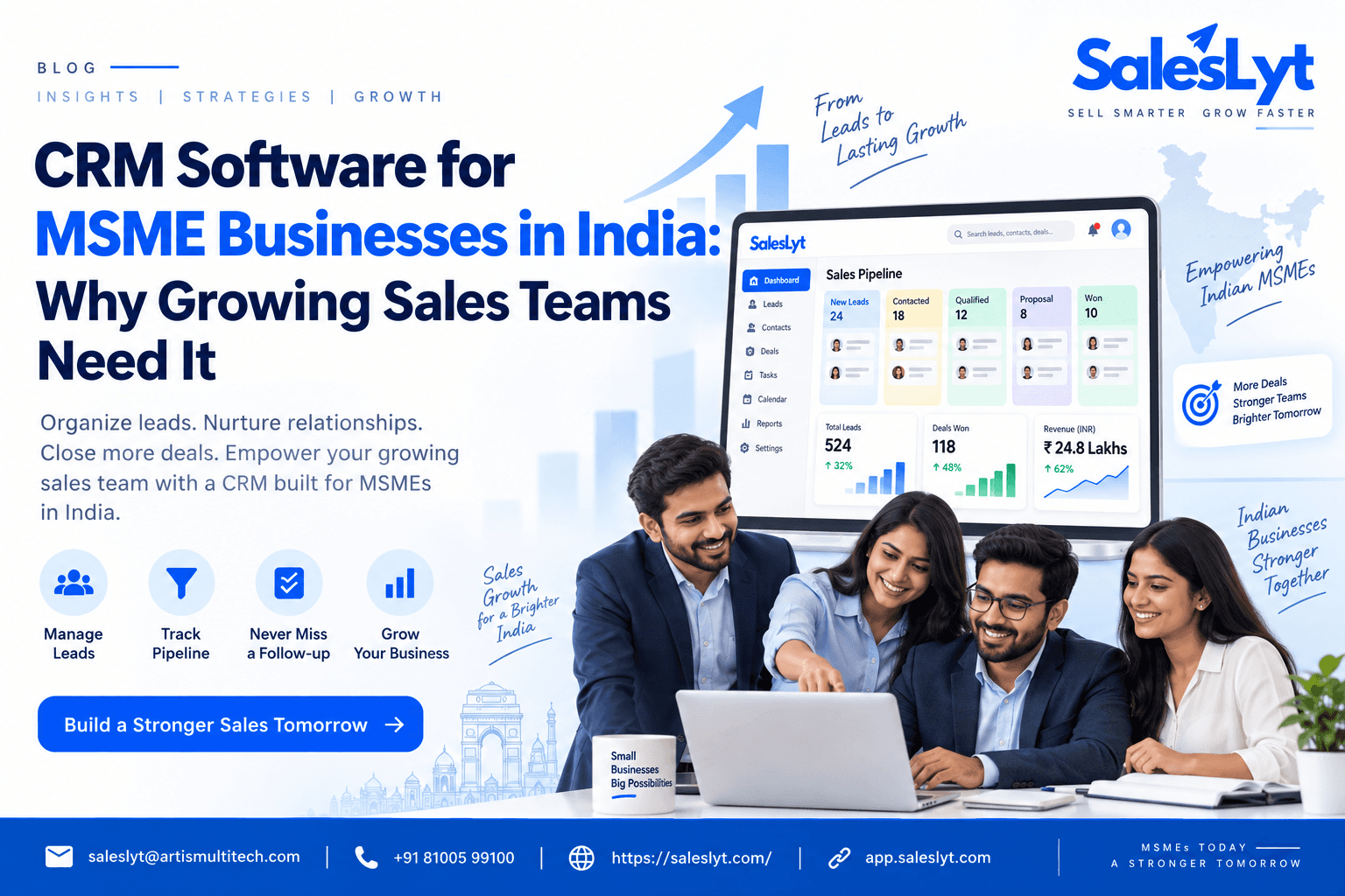 CRM software for MSME businesses in India showing a growing sales team using SalesLyt CRM to manage leads, follow-ups and sales pipeline