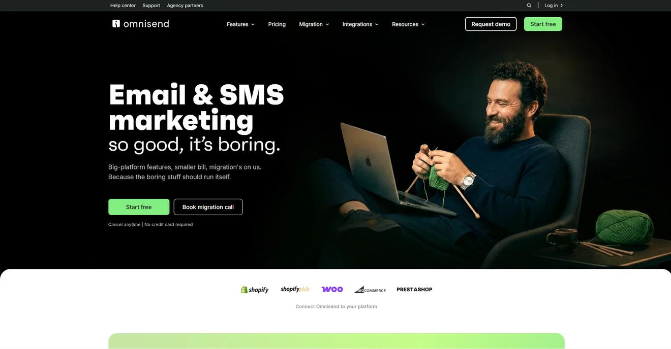 Omnisend homepage promoting email and SMS marketing for ecommerce, with Shopify integration highlighted