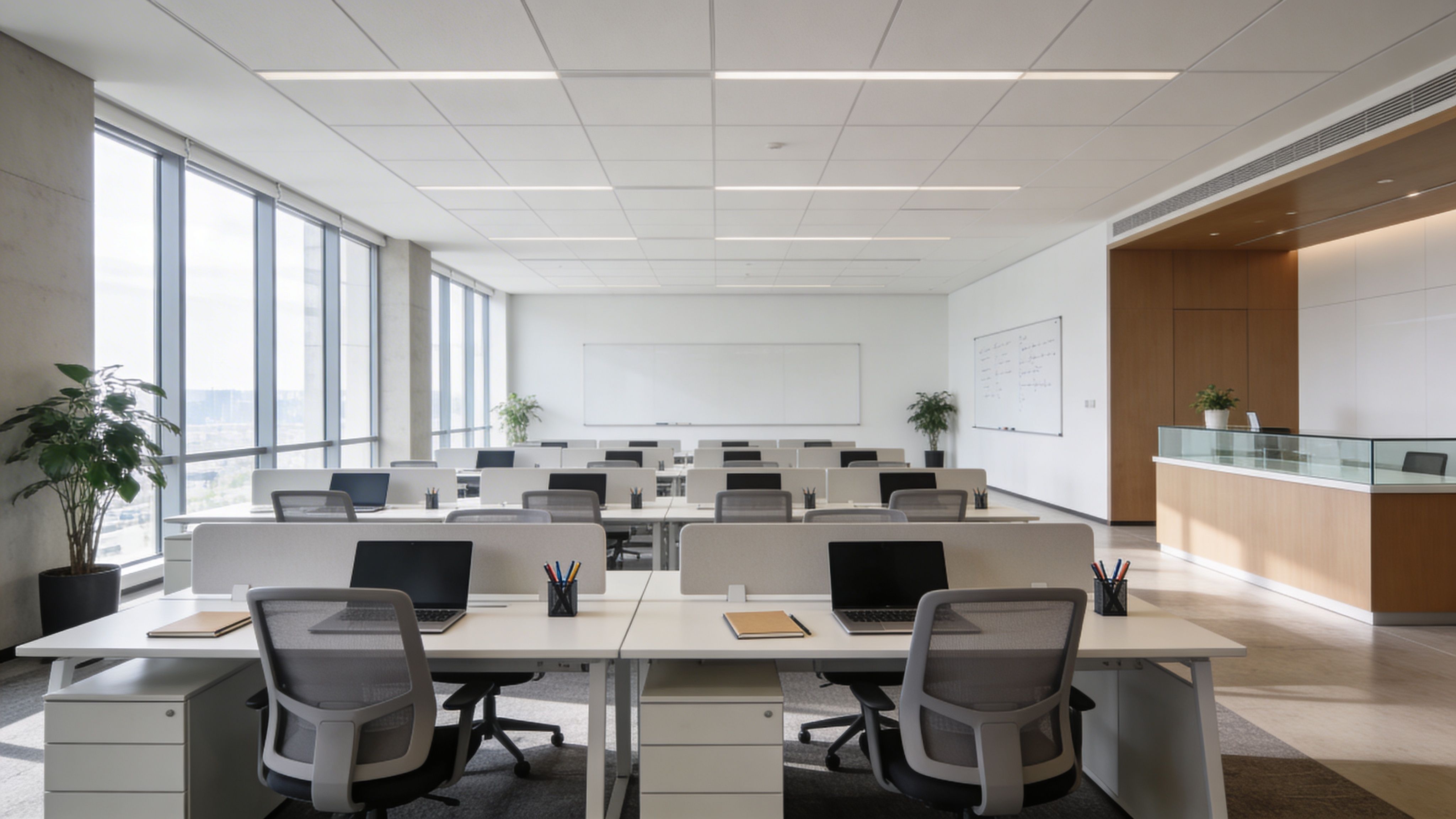Bright open-plan office workspace with rows of desks, laptops, and natural light from large windows