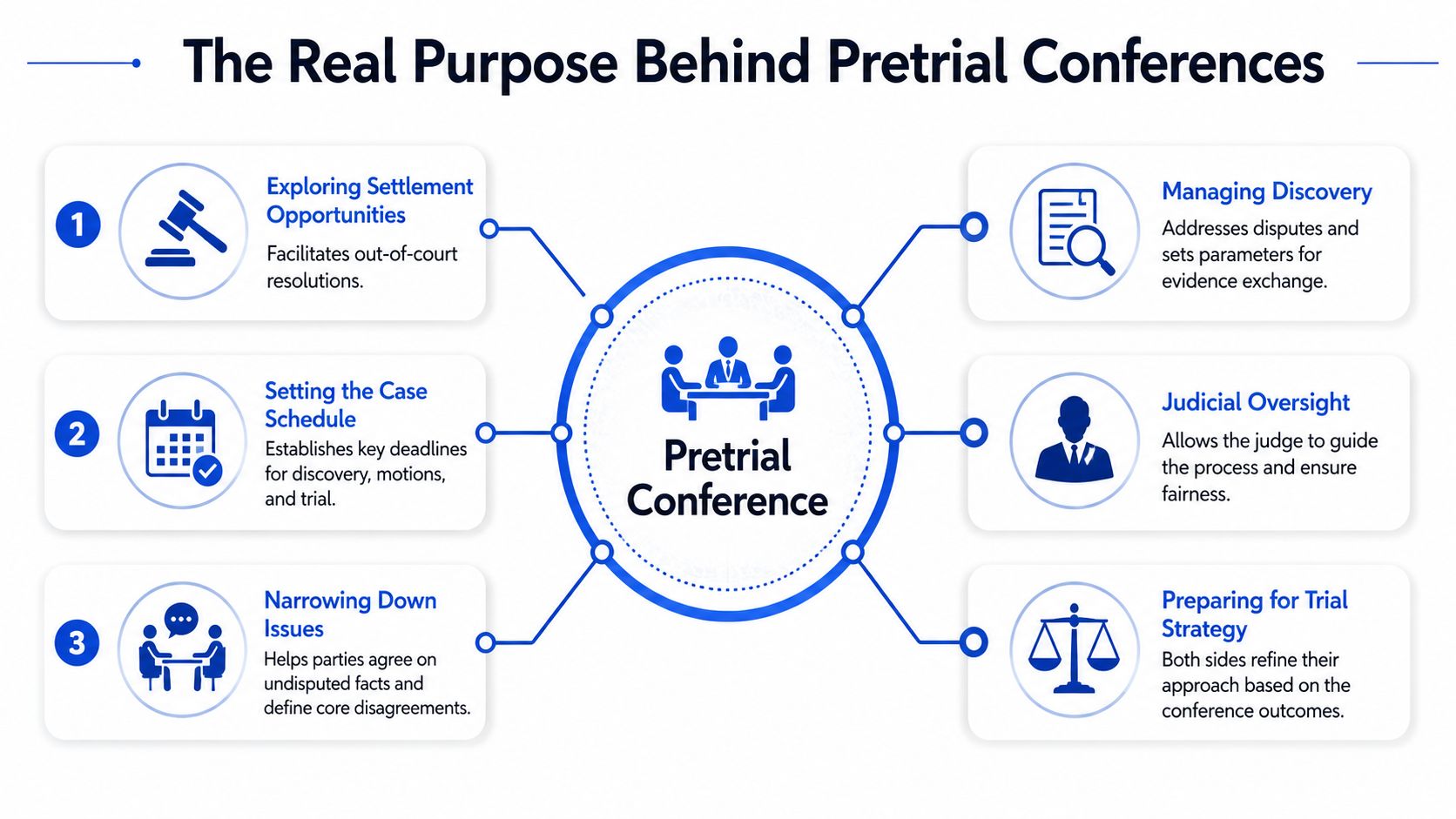An infographic detailing the six primary purposes and functions of a legal pretrial conference.