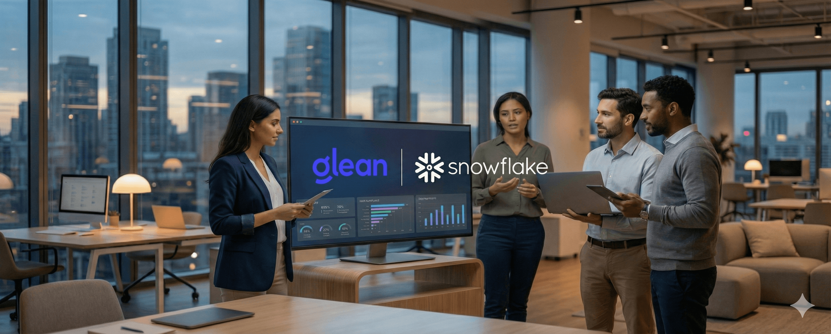 A group of professionals engage in a team meeting in a modern office setting, where a digital presentation displays the logos of Glean and Snowflake against a backdrop of city skyscrapers visible through large windows, creating a collaborative business environment.