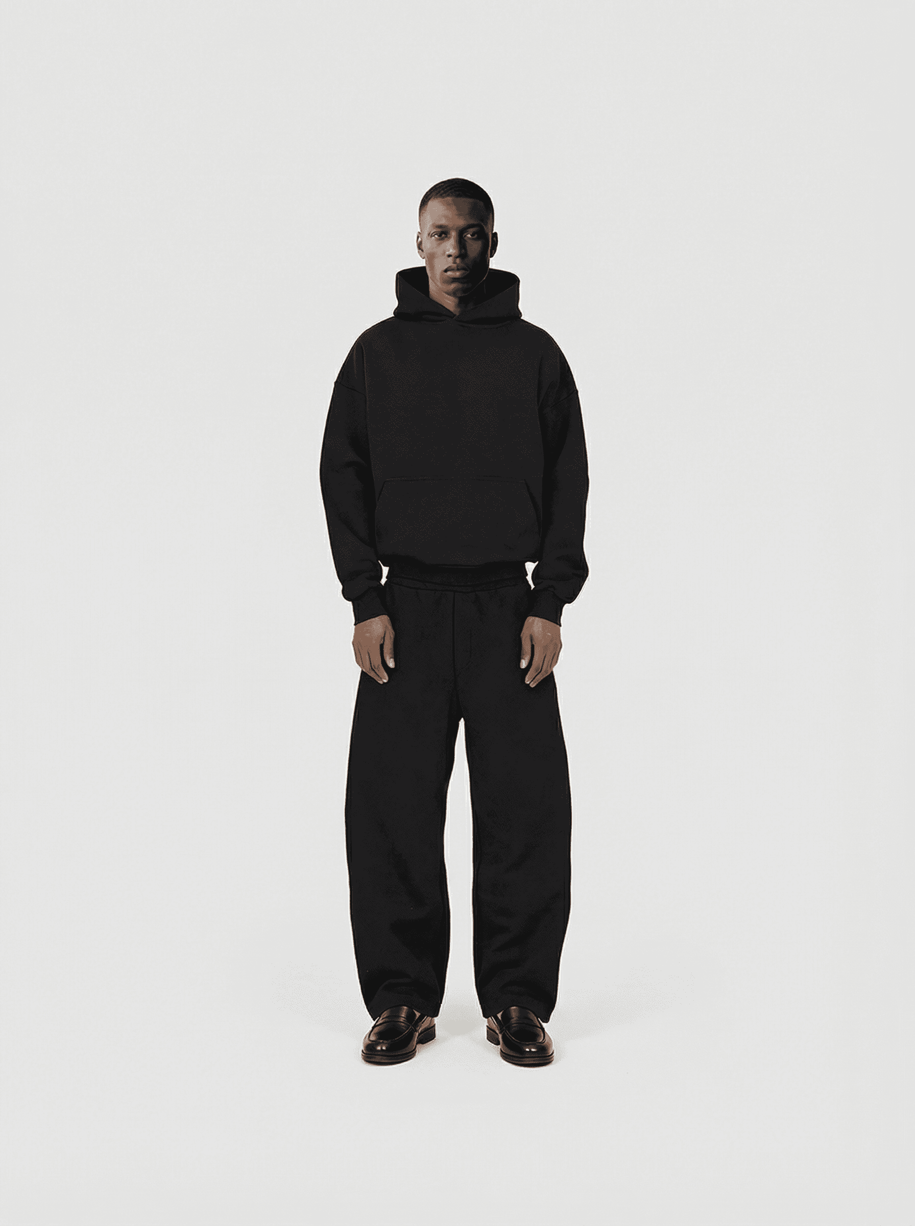 Heavyweight classic crew T-shirt in black — front view on model.