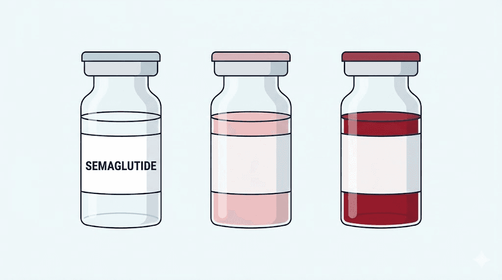  Semaglutide color comparison showing clear vs pink vs red vials