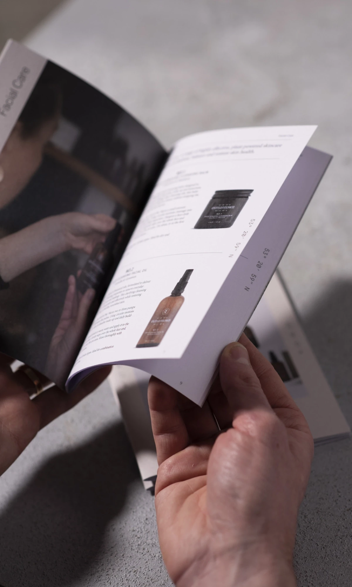 someone looking through a brochure with product desciptions and images of them on one page, and a detailed close up photo of the handcraft production process