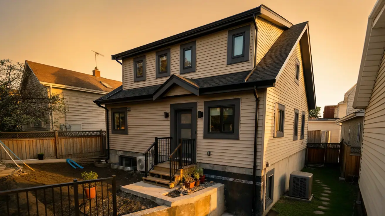 Vancouver Custom Homes completed laneway home at West 68th with tan horizontal siding, gray trim, and dark roof photographed at sunset in Vancouver BC