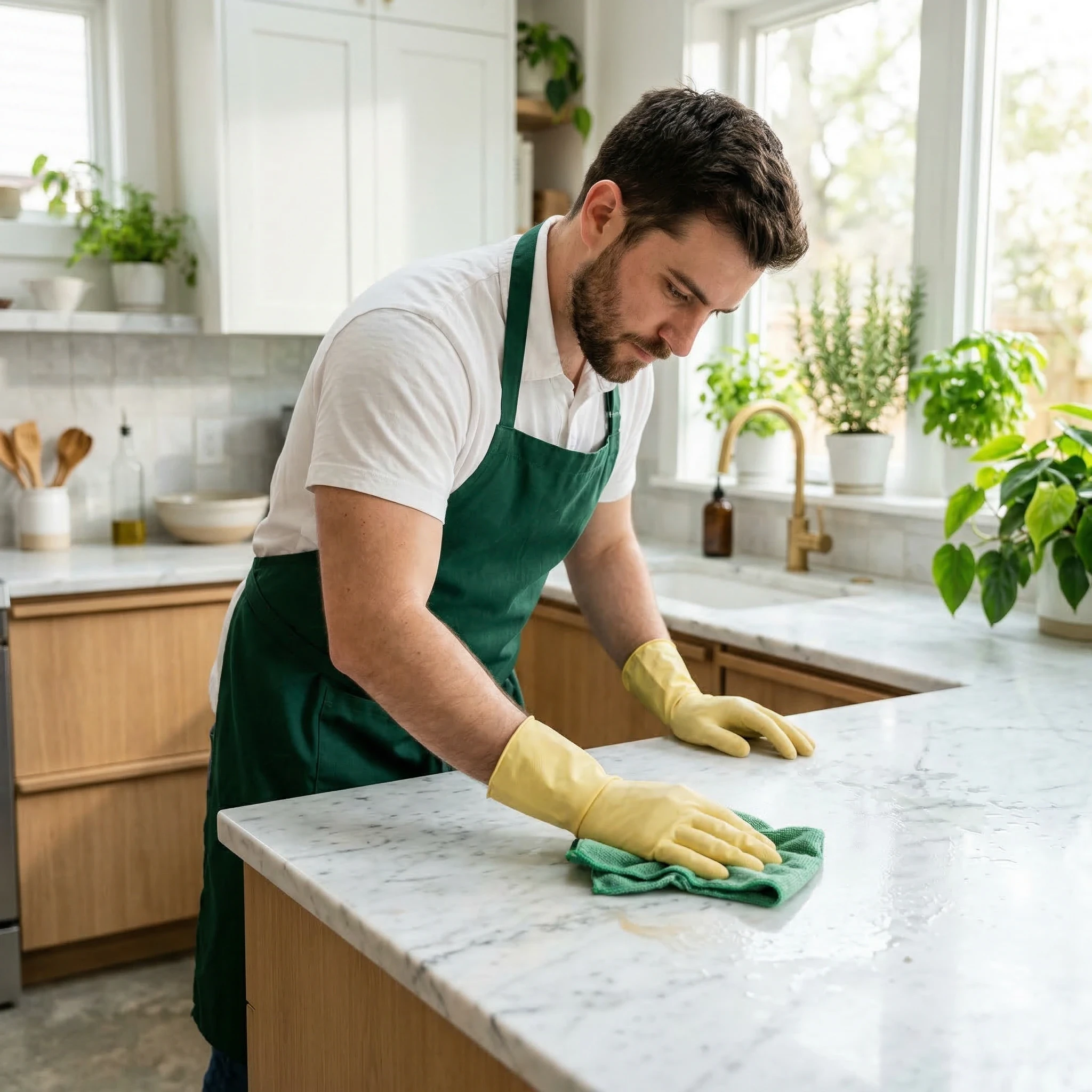 Man in green apron cleaning a marble kitchen countertop with a cloth.