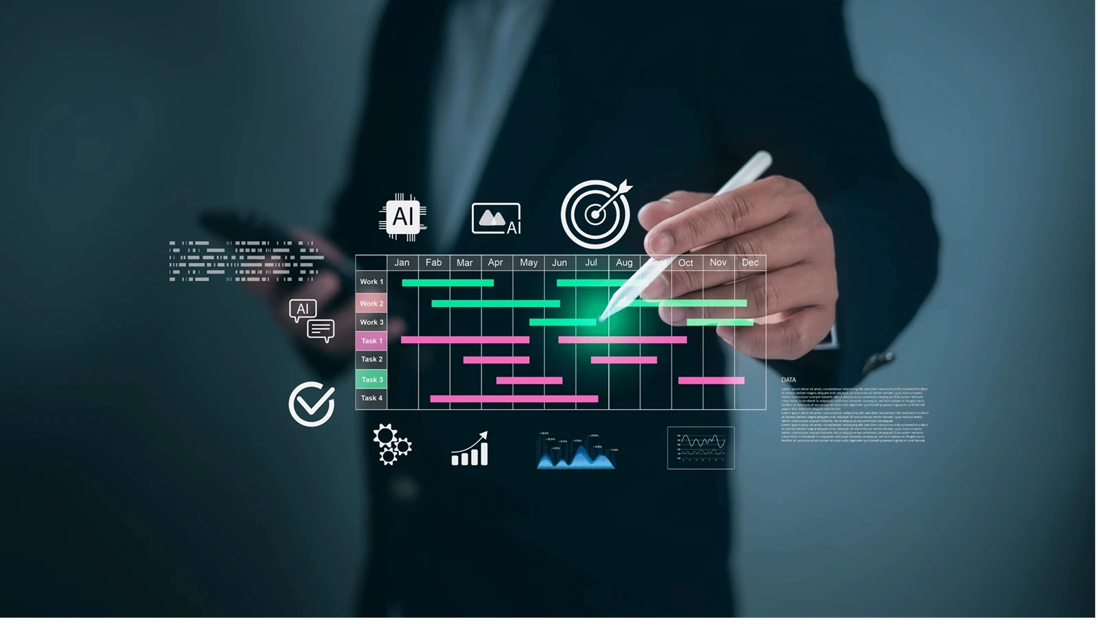 Business concept of project management and timeline scheduling with AI tech, Professional analyzing Gantt charts and tracking workflow progress with advanced planning and deadline execution tools.