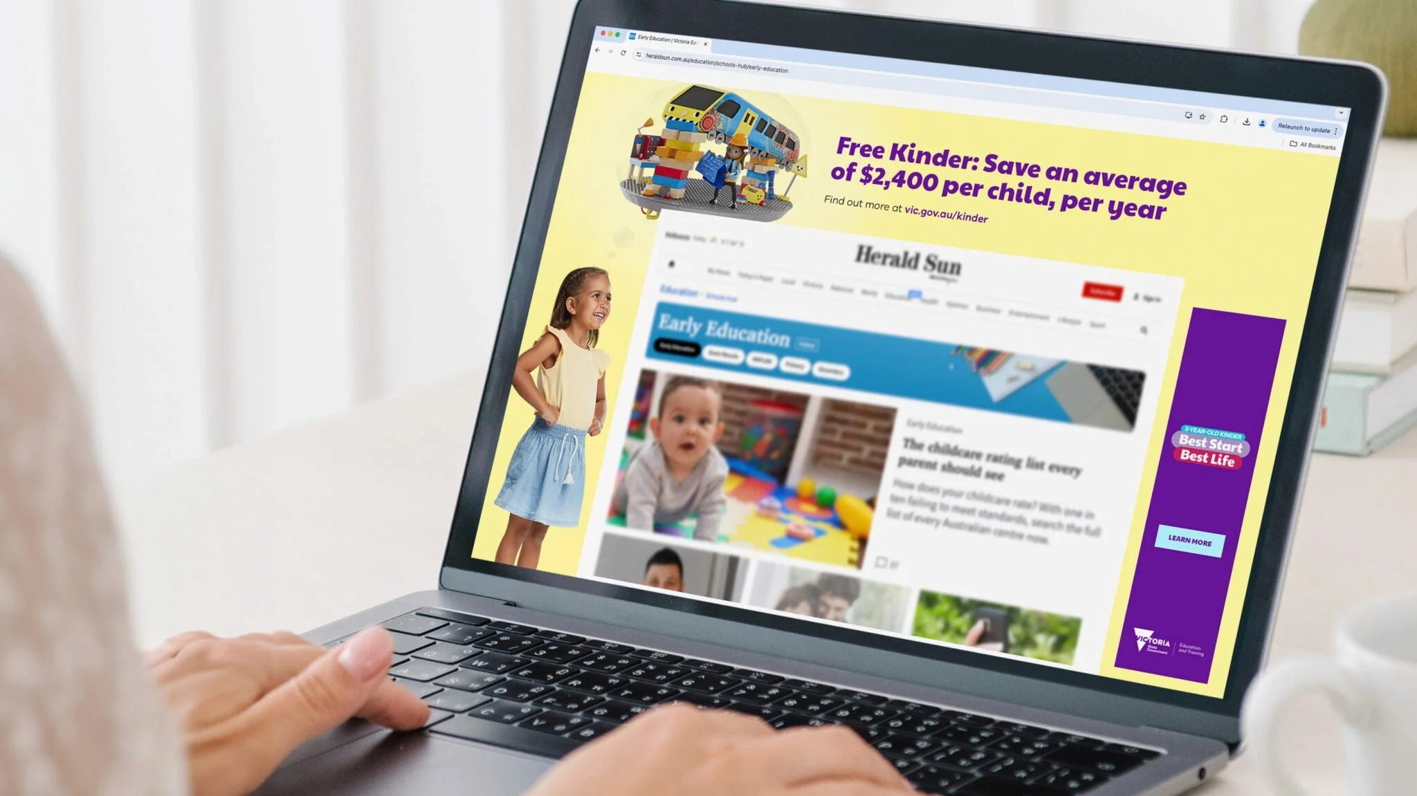 op showing the Free Kinder banner ad over a Herald Sun early education page: 'Save an average of $2,400'