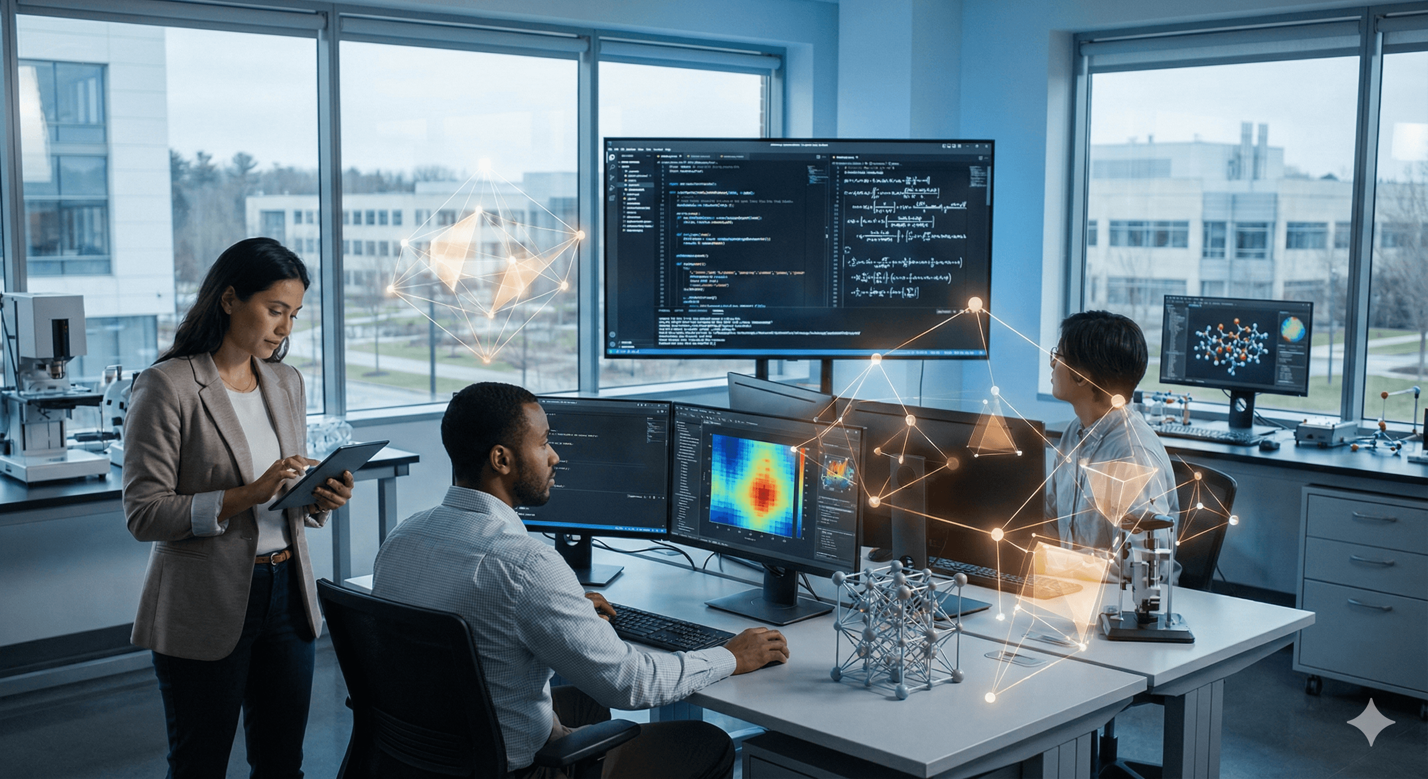 A team of engineers in a modern laboratory works on quantum computing projects, featuring computers displaying complex algorithms, 3D molecular structures, and glowing mathematical graphics, related to GPT 5.2 Maths and Science.