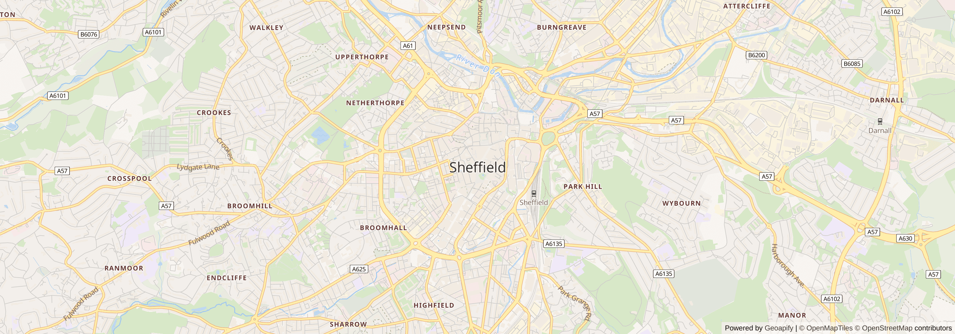 Street map of Sheffield, South Yorkshire showing main roads and nearby areas