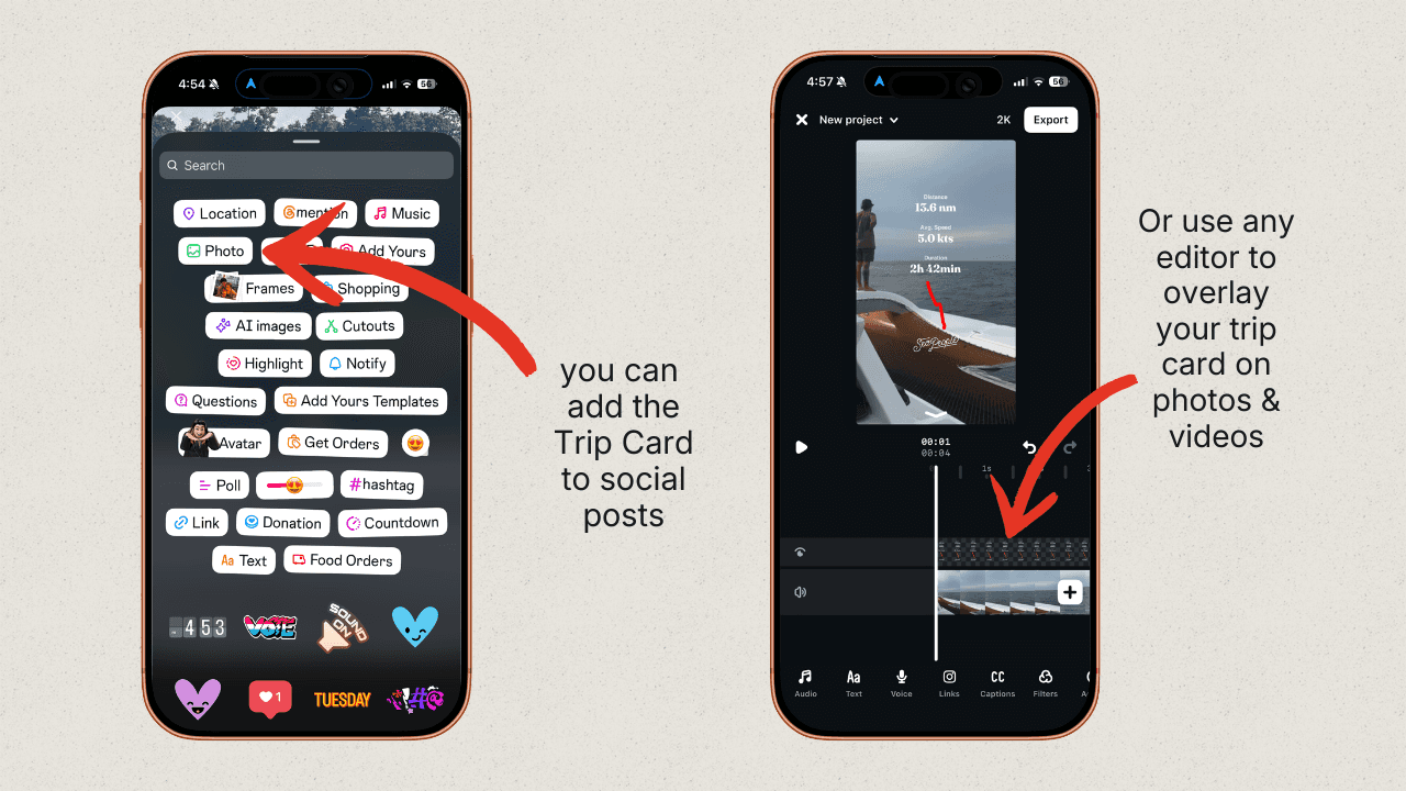 Overlaying a SeaPeople Trip Card on photos and videos