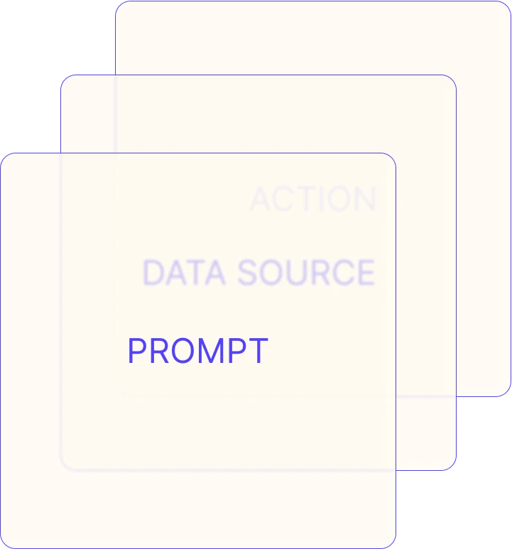 Three stacked cards with the words "DATA SOURCE" and "PROMPT" written in purple text on a white background.