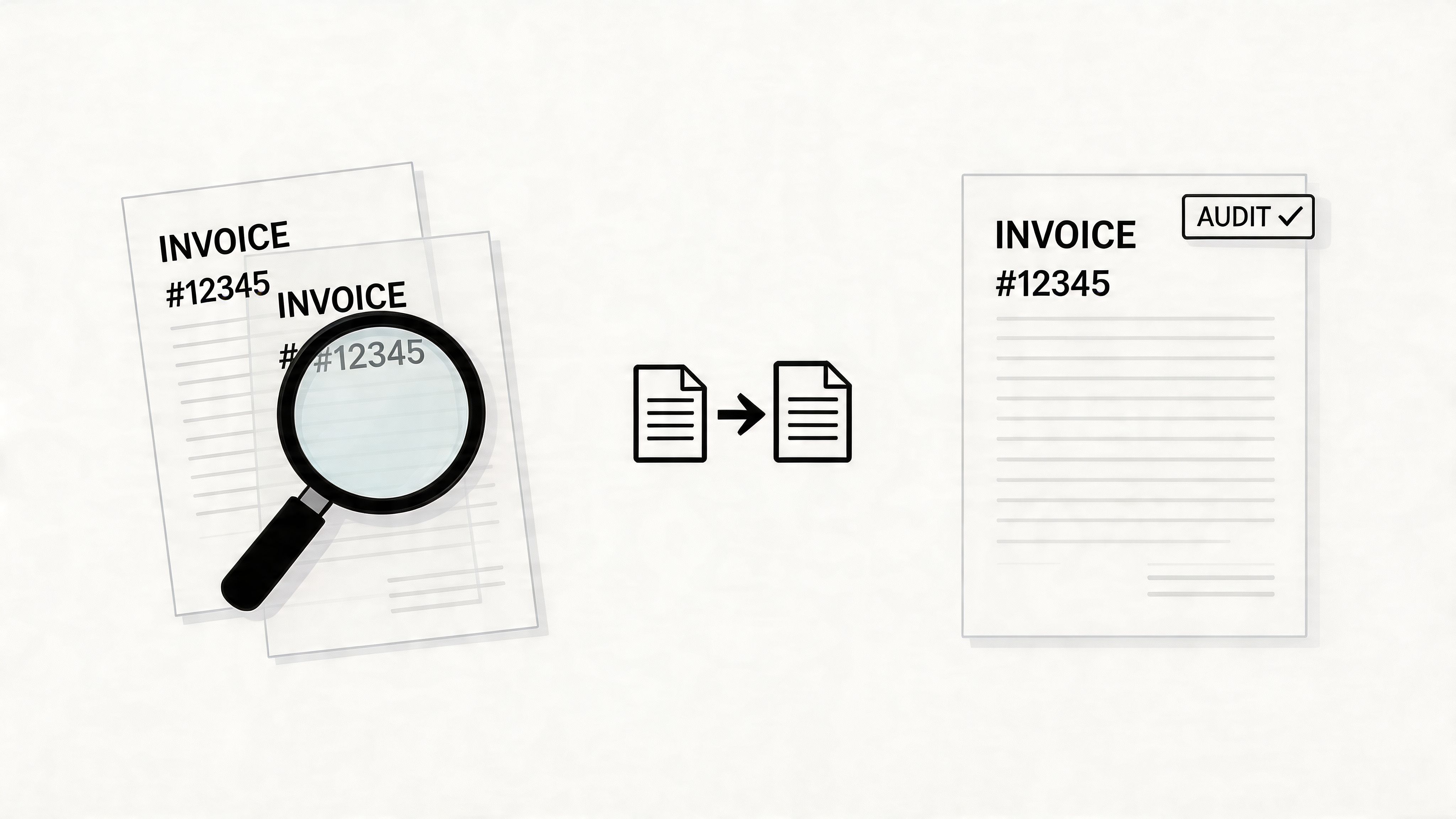 An illustration showing a magnifying glass reviewing an invoice that is later marked as an approved audit.