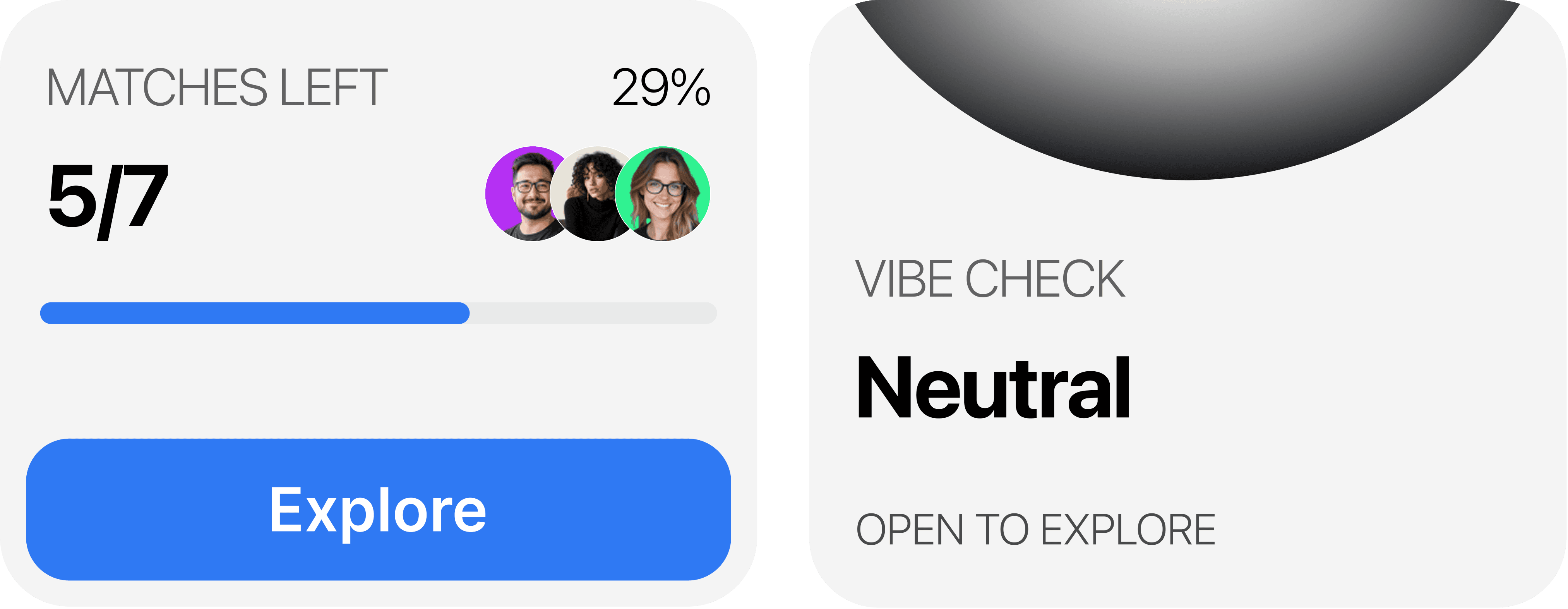 Linqa Network Health Insights UI showing match progress, relationship quality, and vibe check indicators.