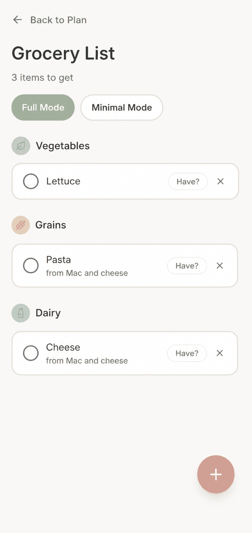 Nourish meal planning screen