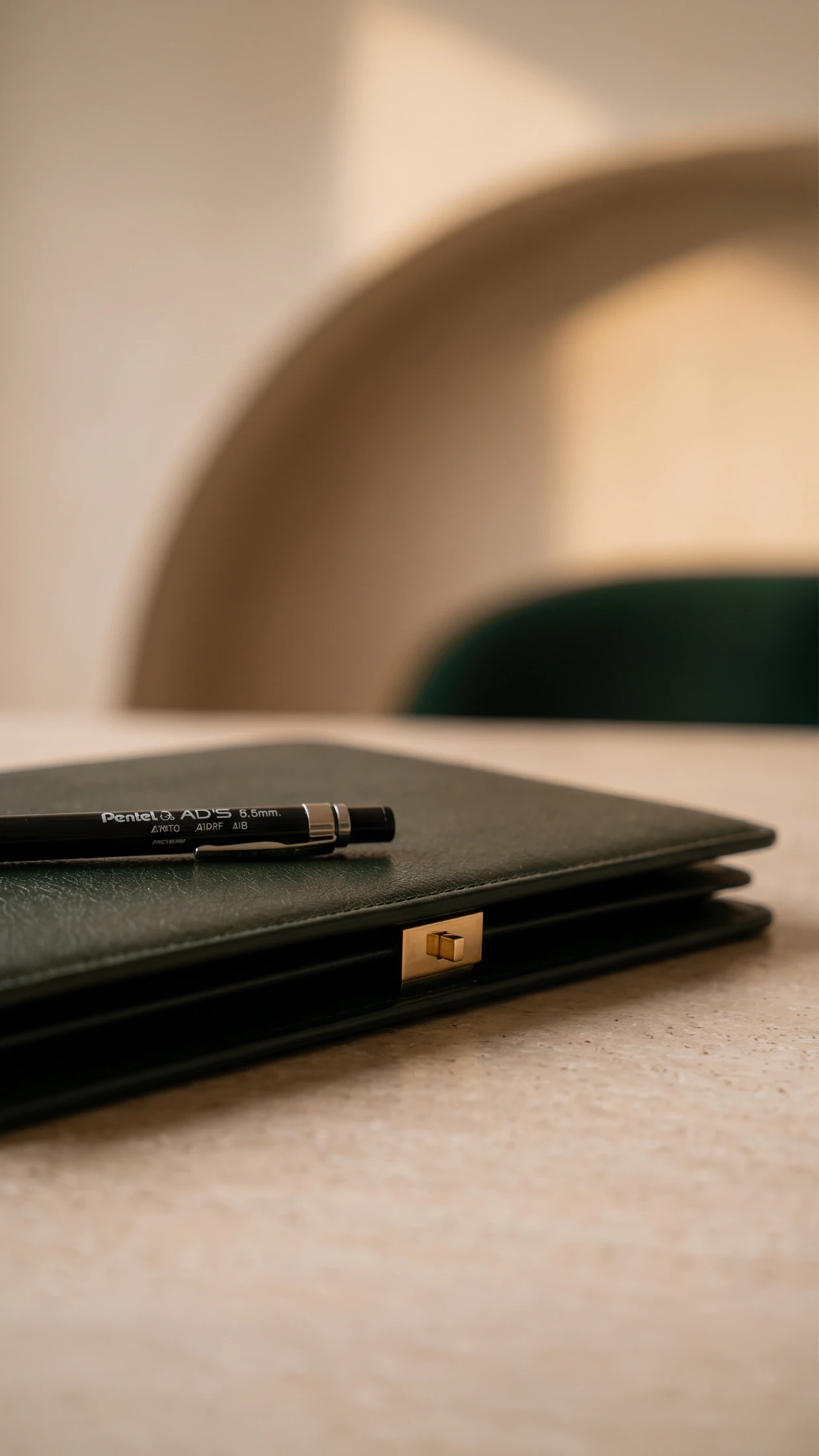 Close-up of a designer's green leather presentation folder and drawing pen on a modern wooden table inside the Shaun Leane independent atelier.