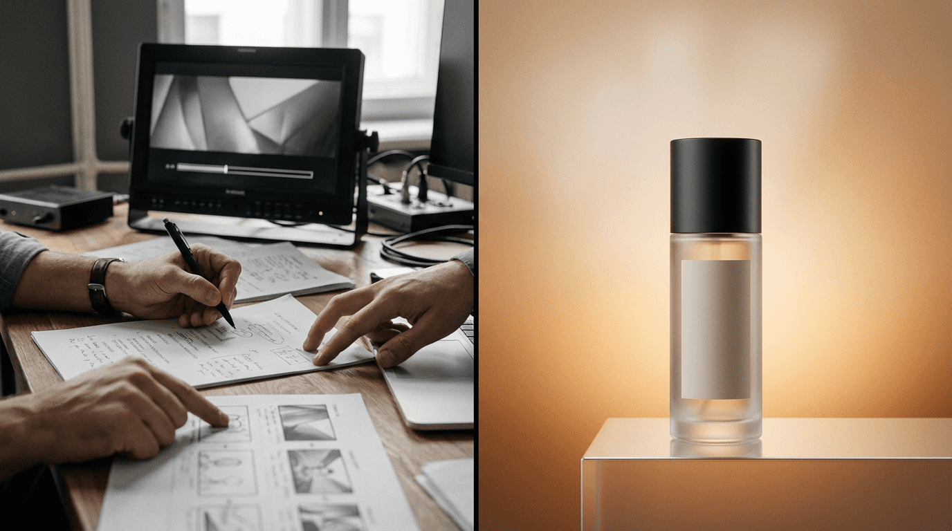 Creative team planning a product video beside a studio product shot