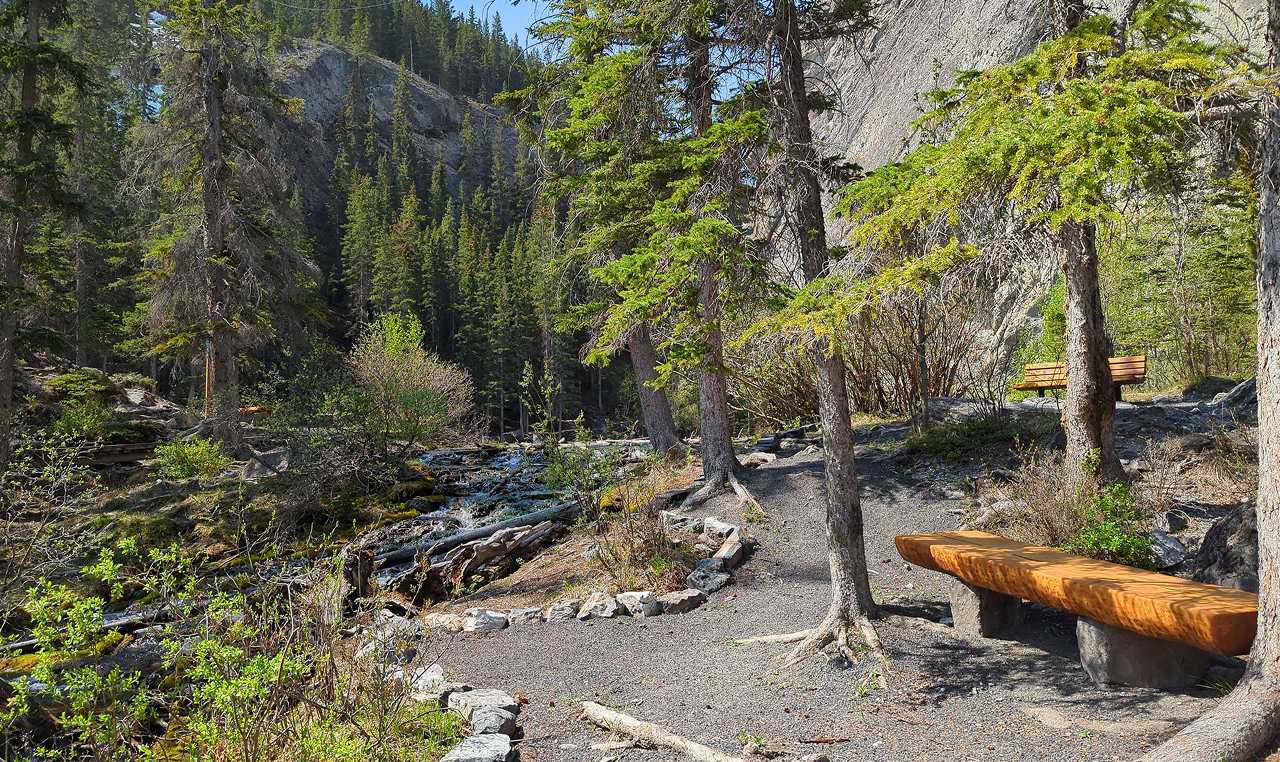 Accessible crushed stone trail surface with wooden bench along Grassi Lakes hiking route