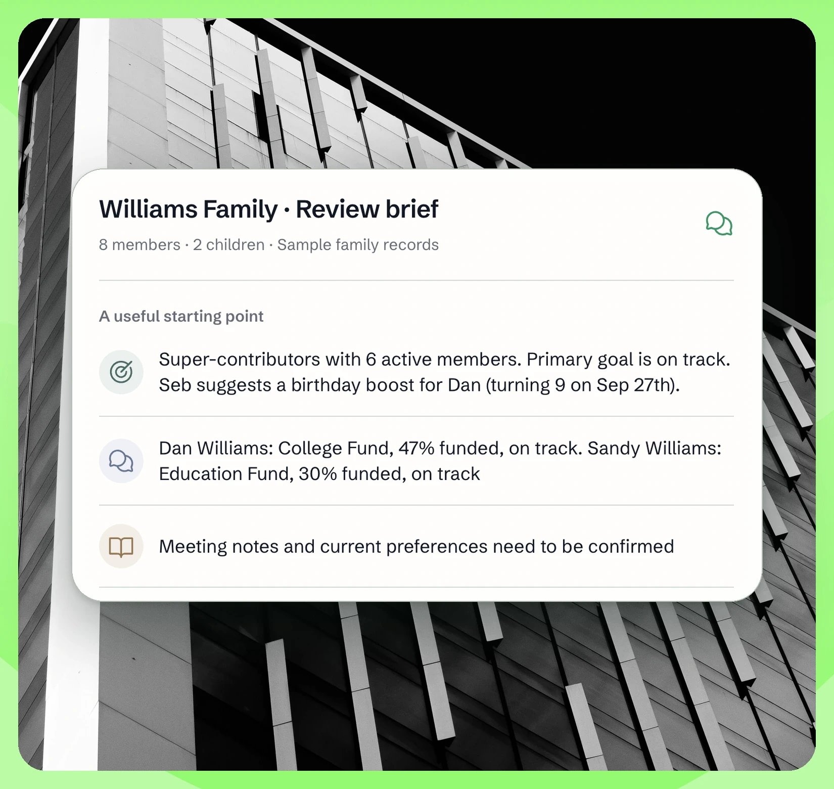 Actual Williams Family review brief with sample family records and prepared priorities