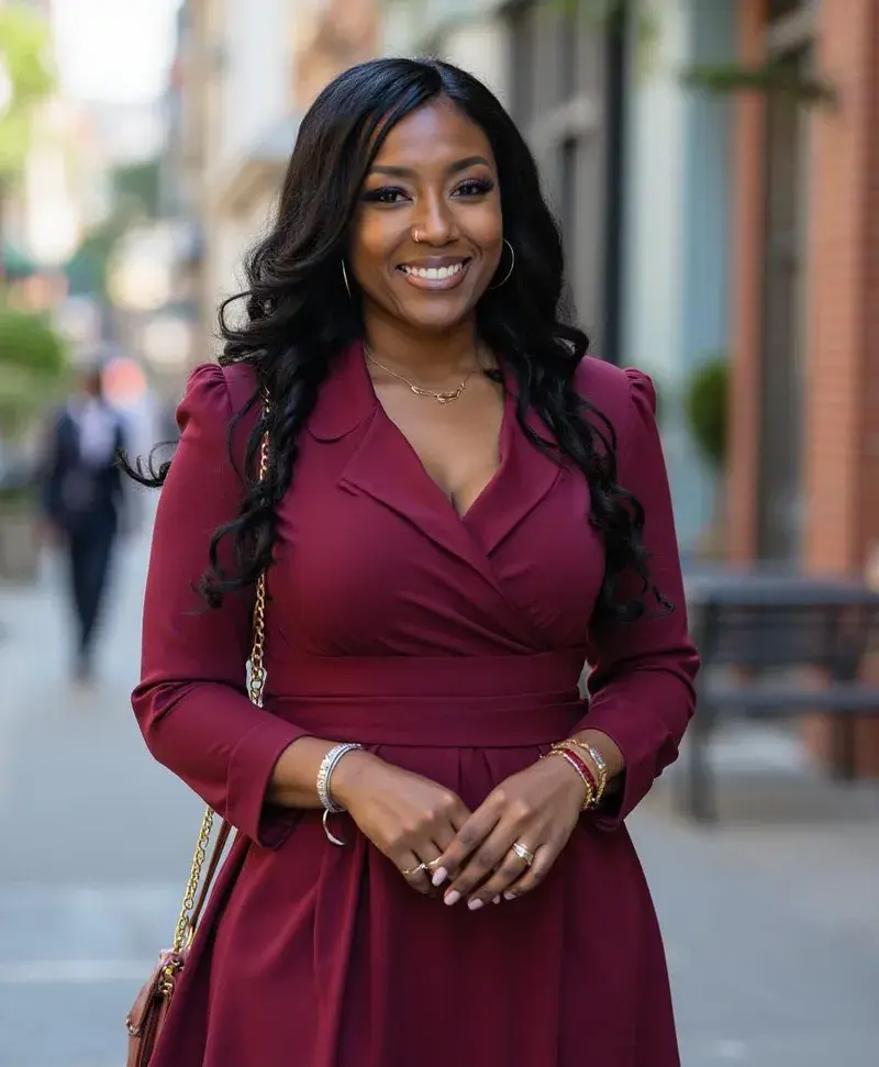 Britney Smallwood in a burgundy dress on a city street