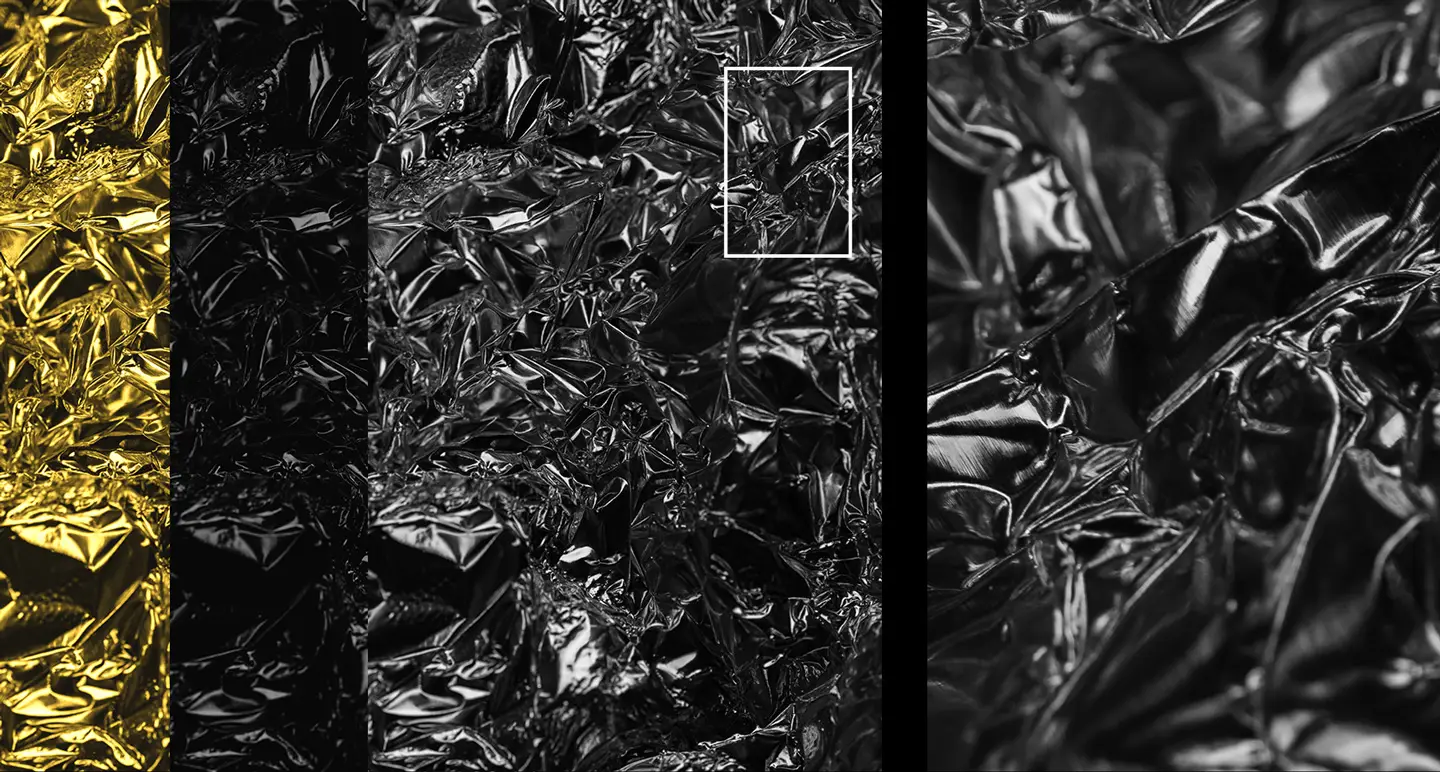 Alumen metal foil textures macro detail comparison showing high resolution gold and chrome metallic surfaces