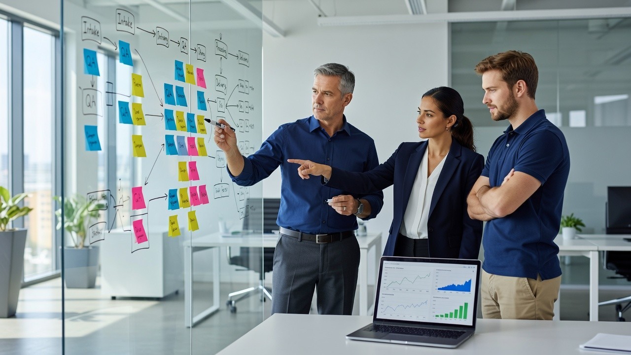Forward Deployed Engineer mapping a business workflow on a glass whiteboard with customer operators