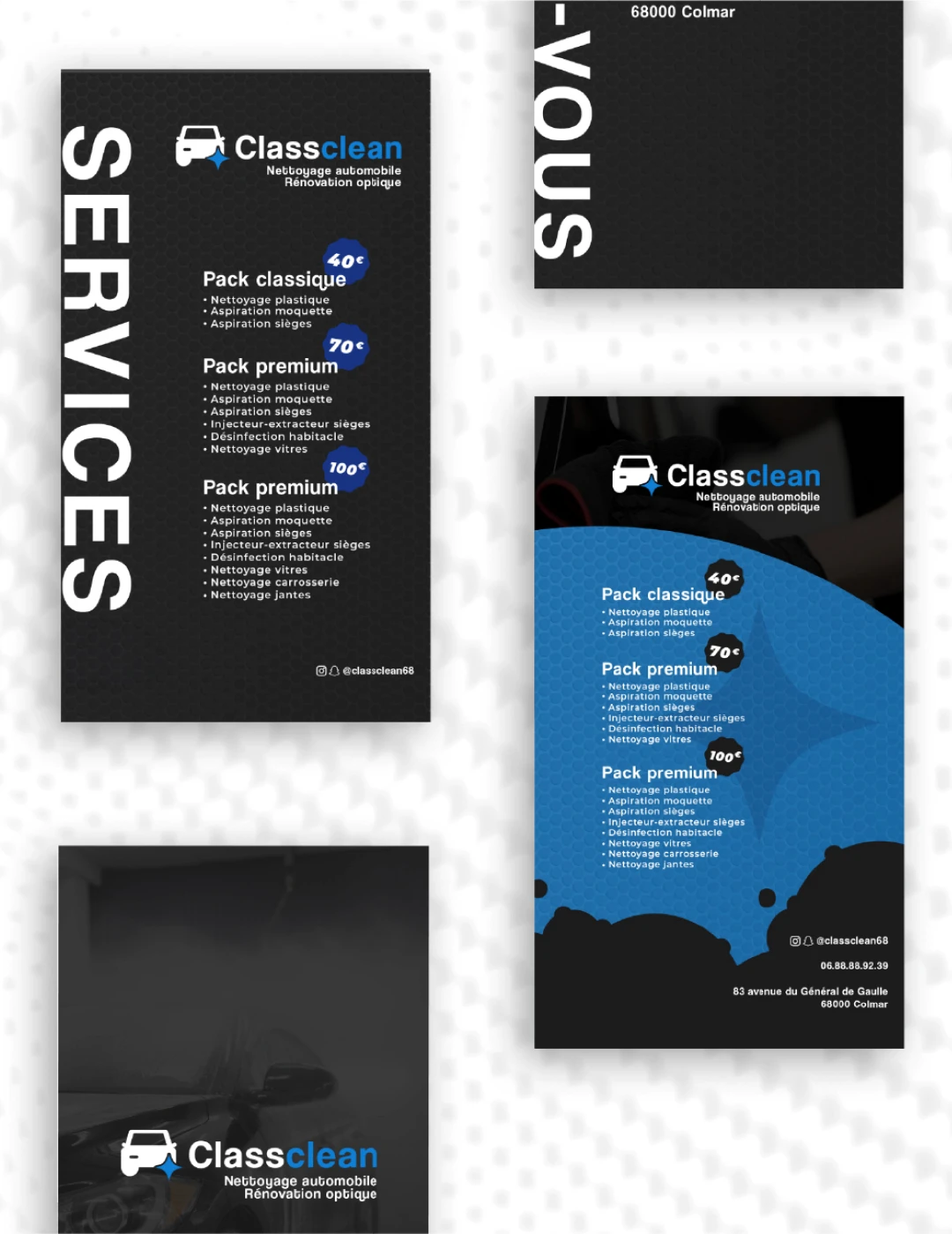 Flyers et supports de communication ClassClean présentant les offres de services — nettoyage automobile premium à Colmar, design graphique par Tartelette Concept