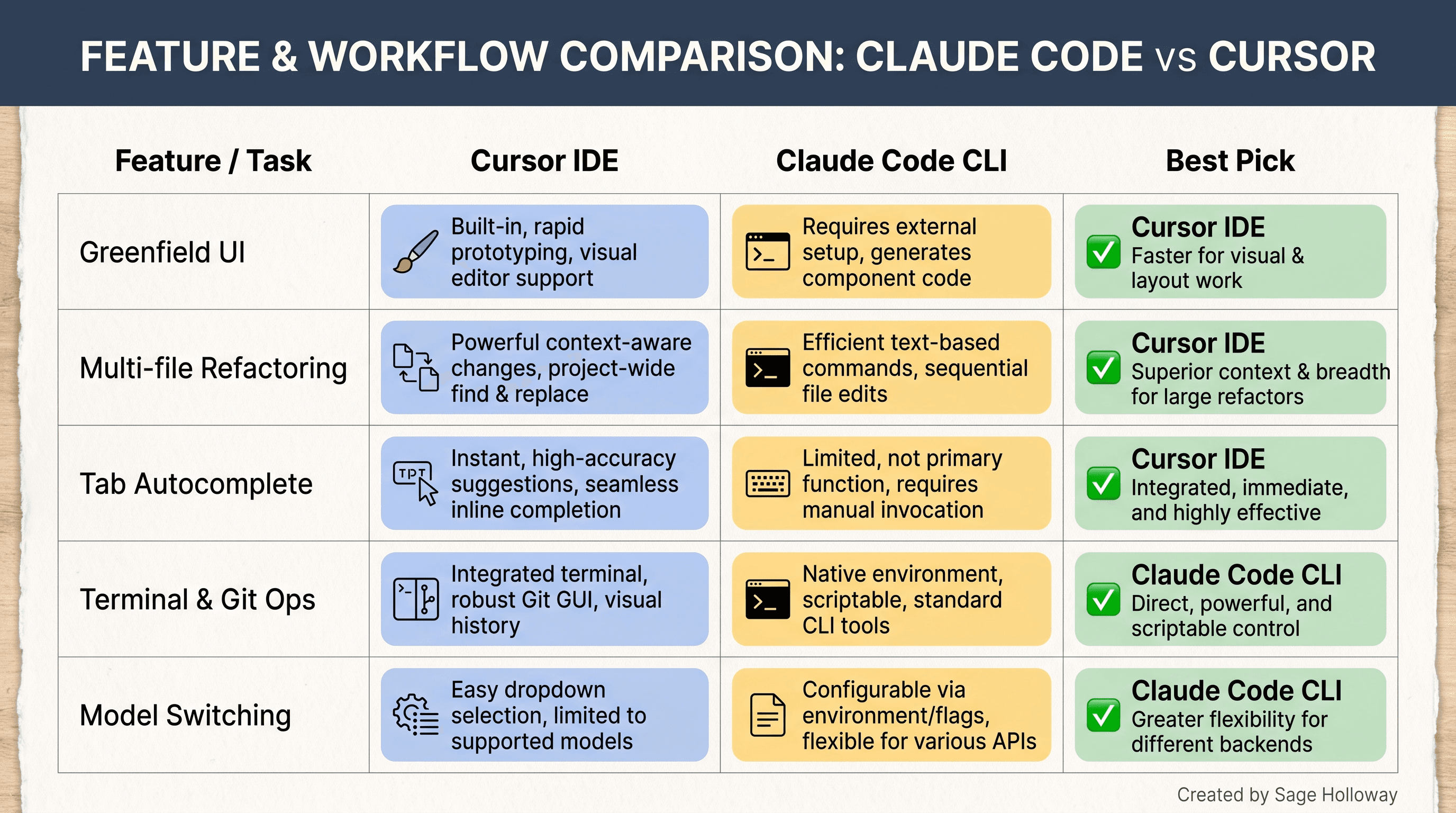 Feature comparison matrix for Claude Code vs Cursor IDE