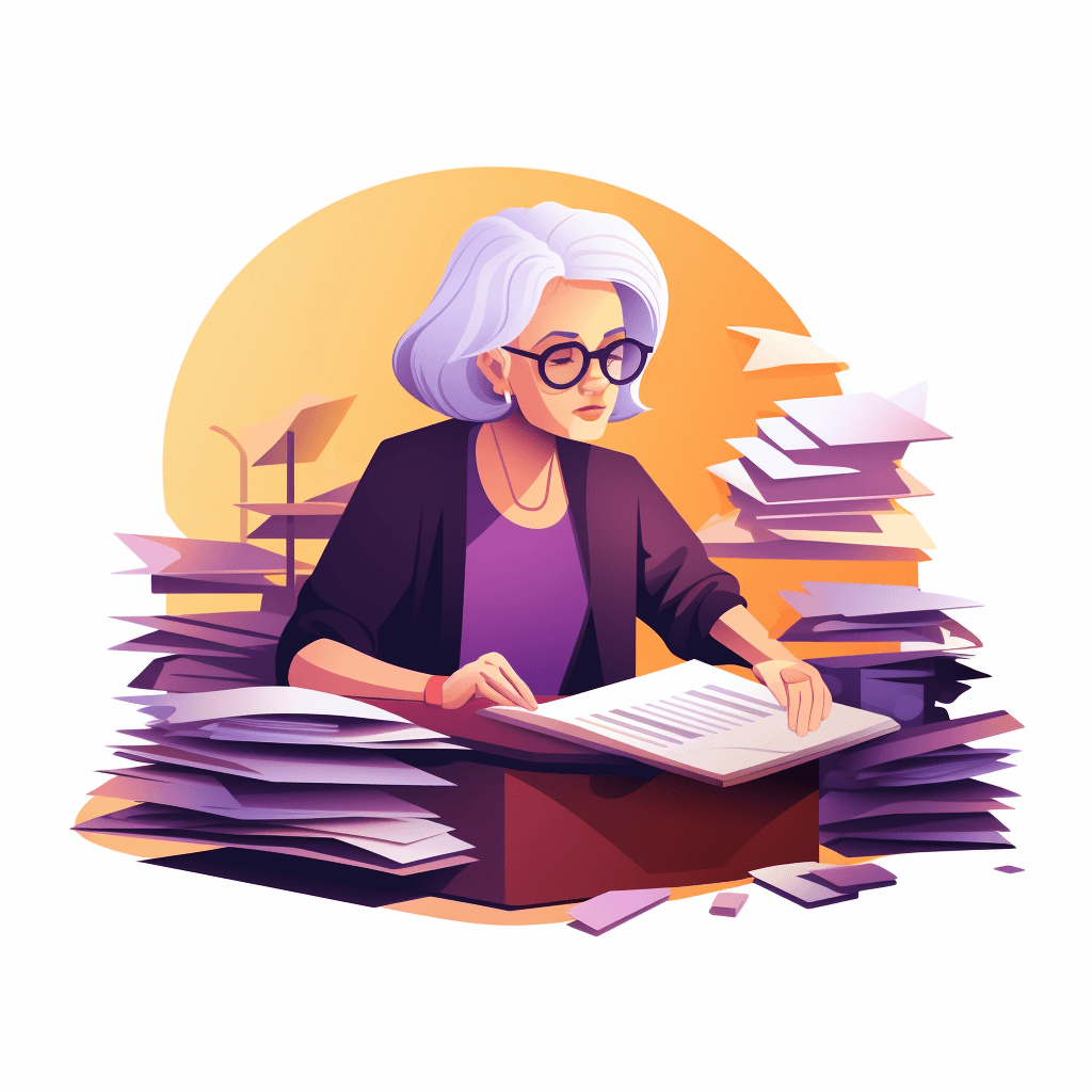 An elderly woman reviewing documents surrounded by stacks of paperwork.