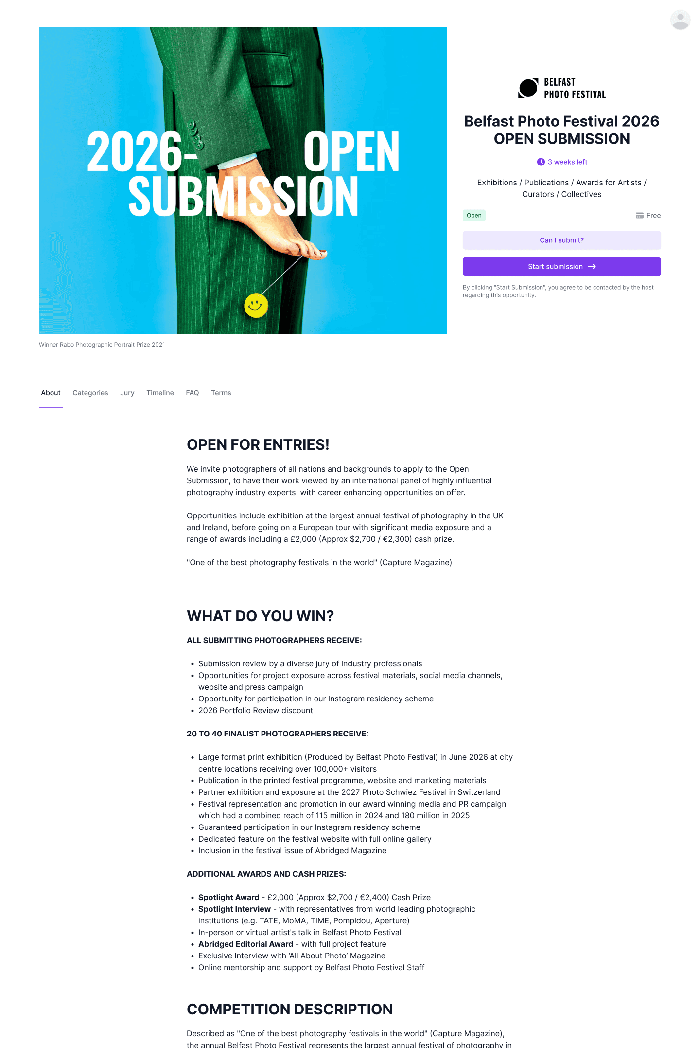 Picter Interface of a Open Call Info page