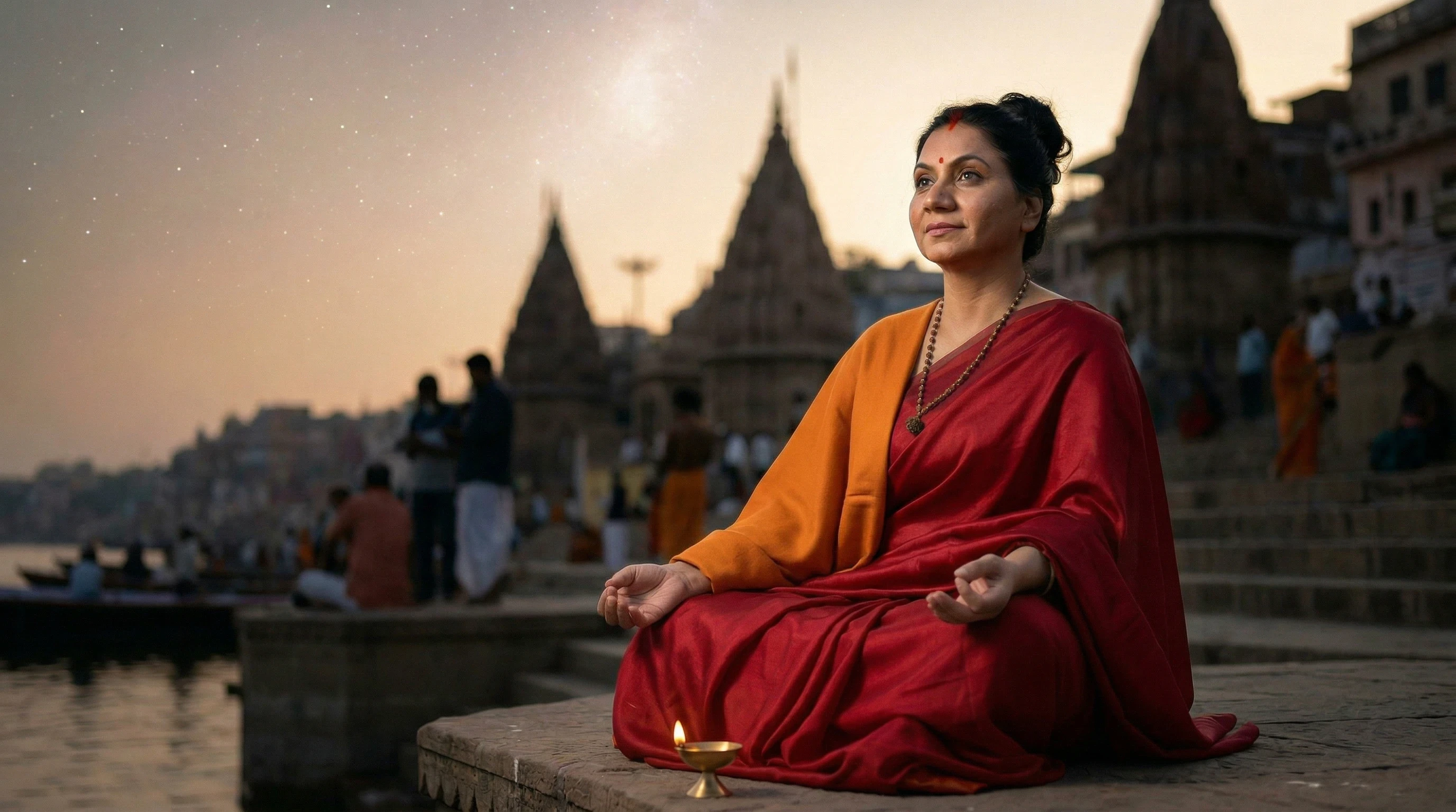 Maa Shree Geetam, Indian female spiritual guru,  offering sacred Kundali guidance and spiritual  reading rooted in Sanatana Dharma for sincere  seekers at the holy Ganga river Varanasi