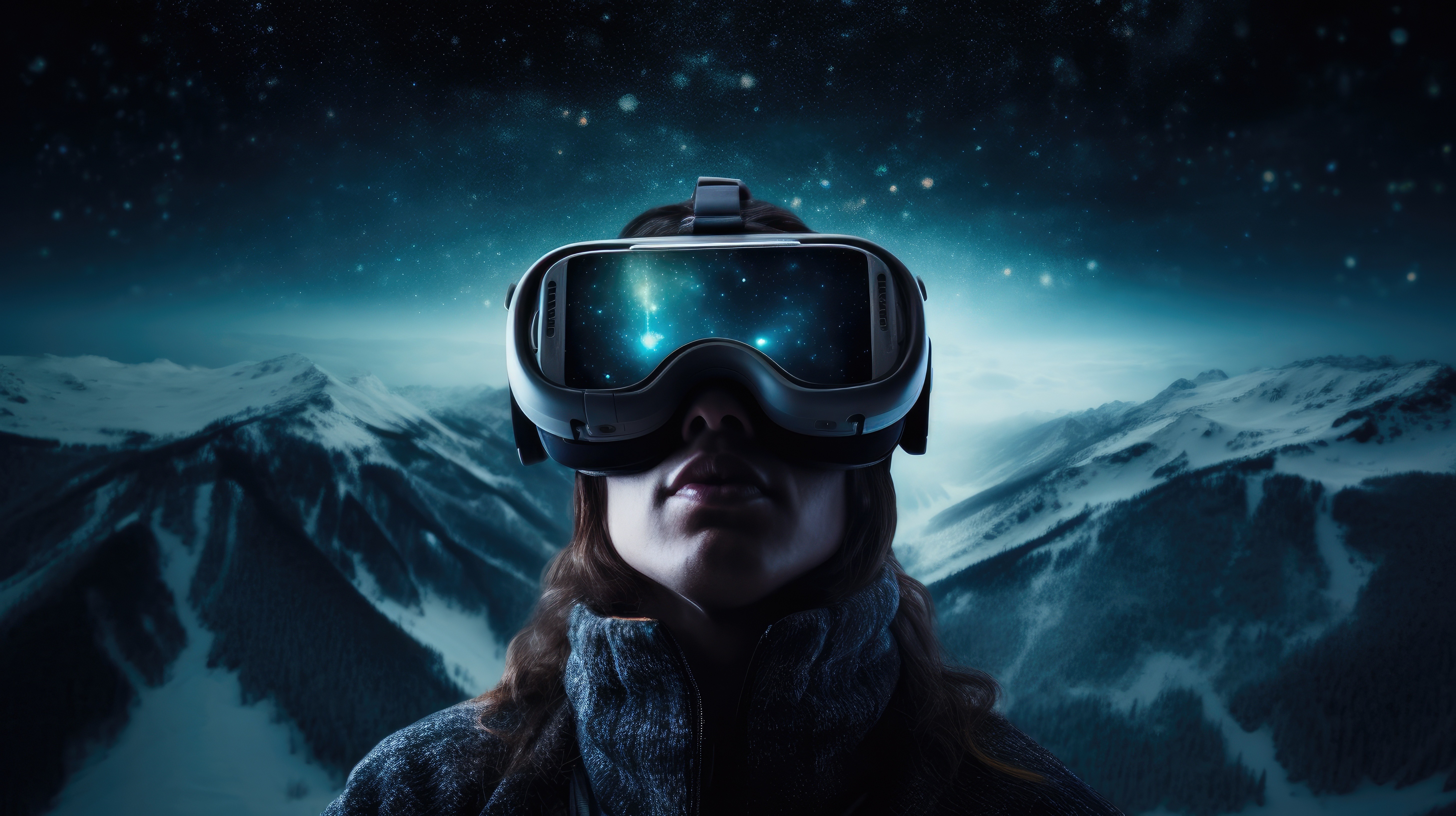 woman wearing VR gloggles  with mountains in the background