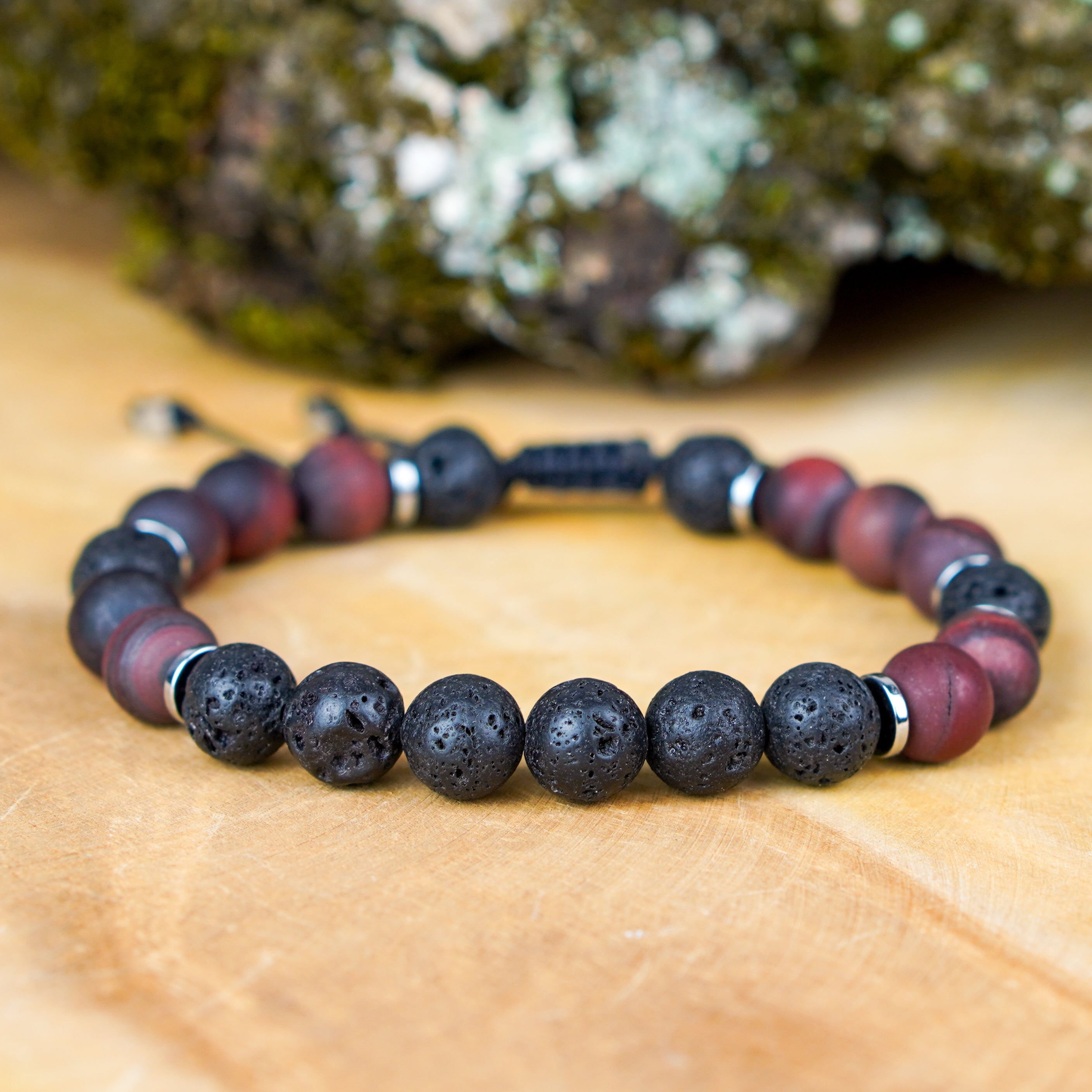 Bransoletka męska bawole oko i lawa wulkaniczna RAW talizman determinacji z kamieni naturalnych