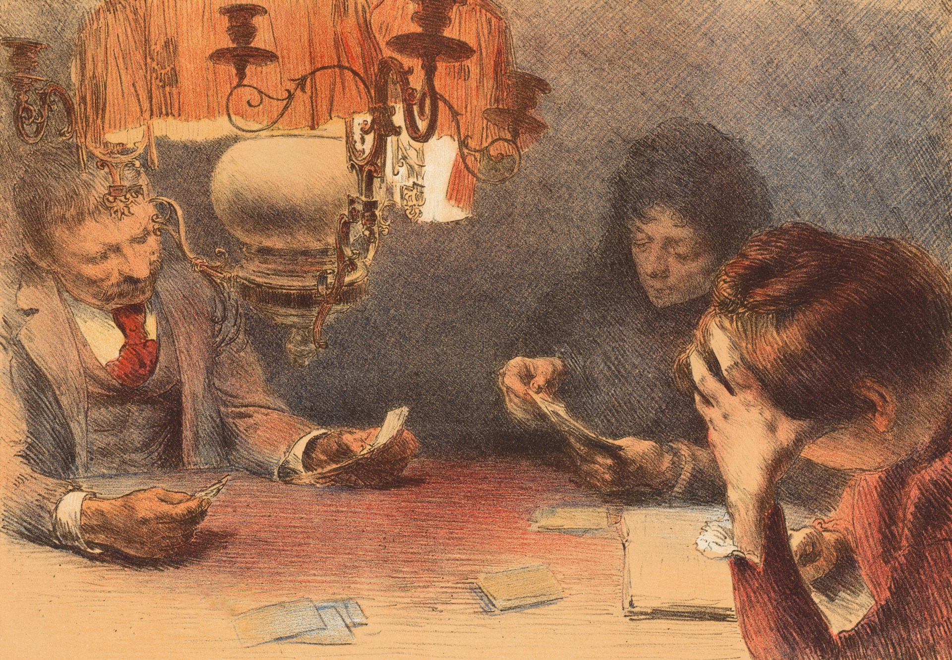 Collaborative work session overhead view of six people collaborating at a rustic wooden table with coffee, papers, and a laptop