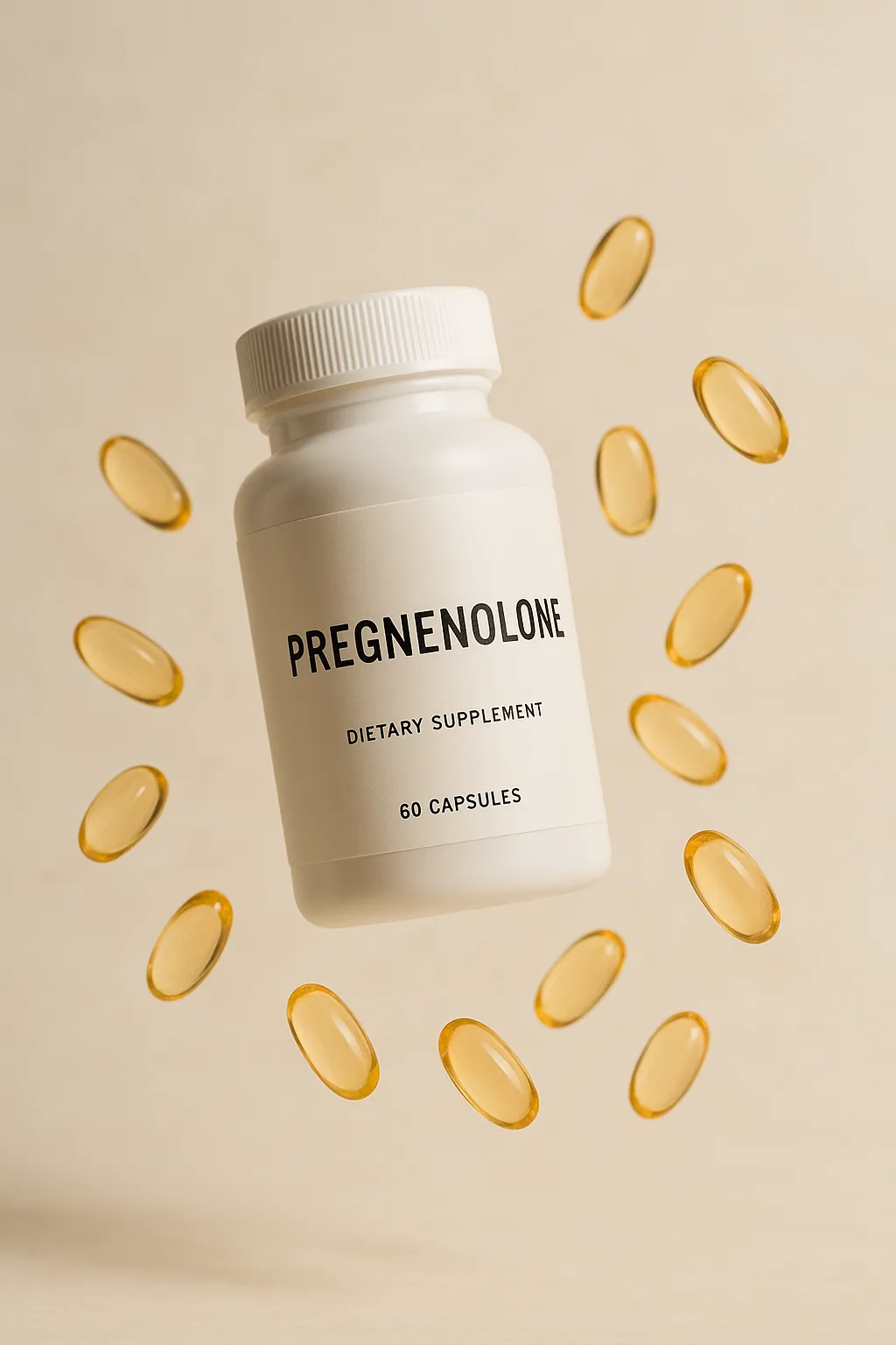 White Pregnenolone supplement bottle floating with golden softgel capsules in a circle on a beige background