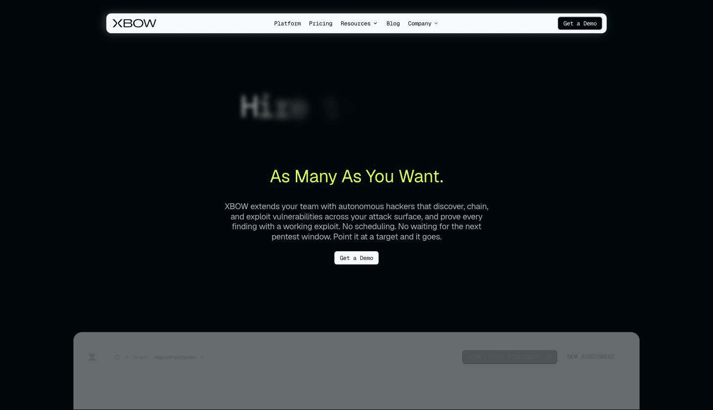 XBOW platform page describing autonomous hackers that discover, chain, and exploit vulnerabilities across the attack surface and prove every finding with a working exploit